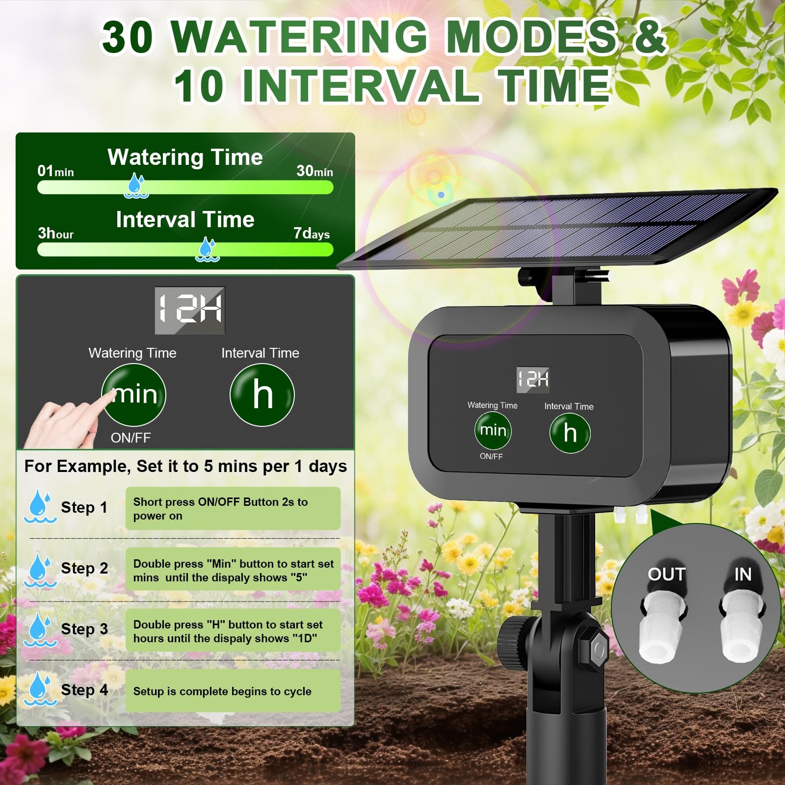LCD Display Solar Drip Irrigation System Kit, 30 Working Modes & 10 Watering Int