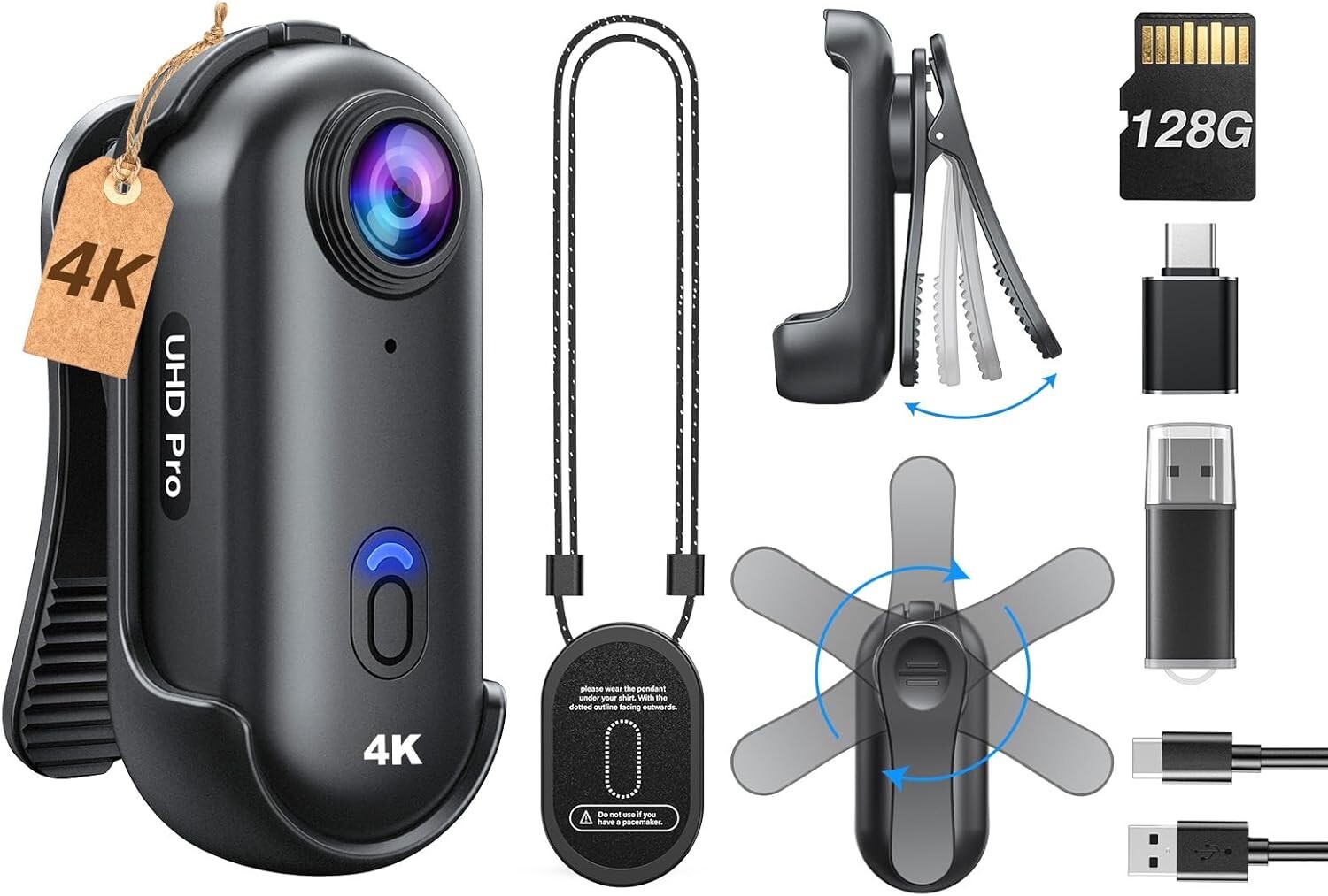 BOBLOV HD 4K Mini Action Camera 128GB Thumb Portable Body Cam 360°Rotatable Clip