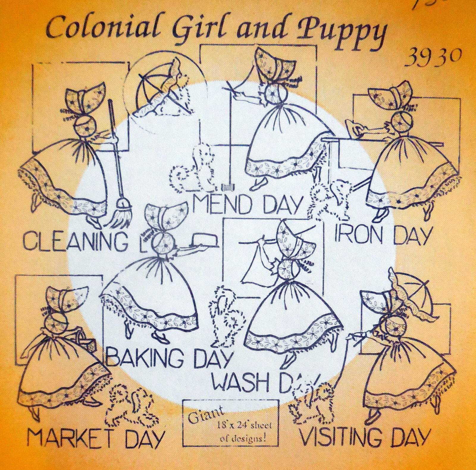 AUNT MARTHAS HOT IRON TRANSFER 3930 COLONIAL GIRL/PUPPY SUNBONNET EMBROIDERY NEW