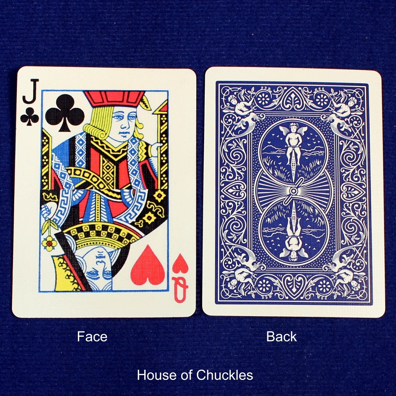 Jack of Clubs / Queen Hearts, Half Horizontal, Bicycle Printed Gaff Card, Blue