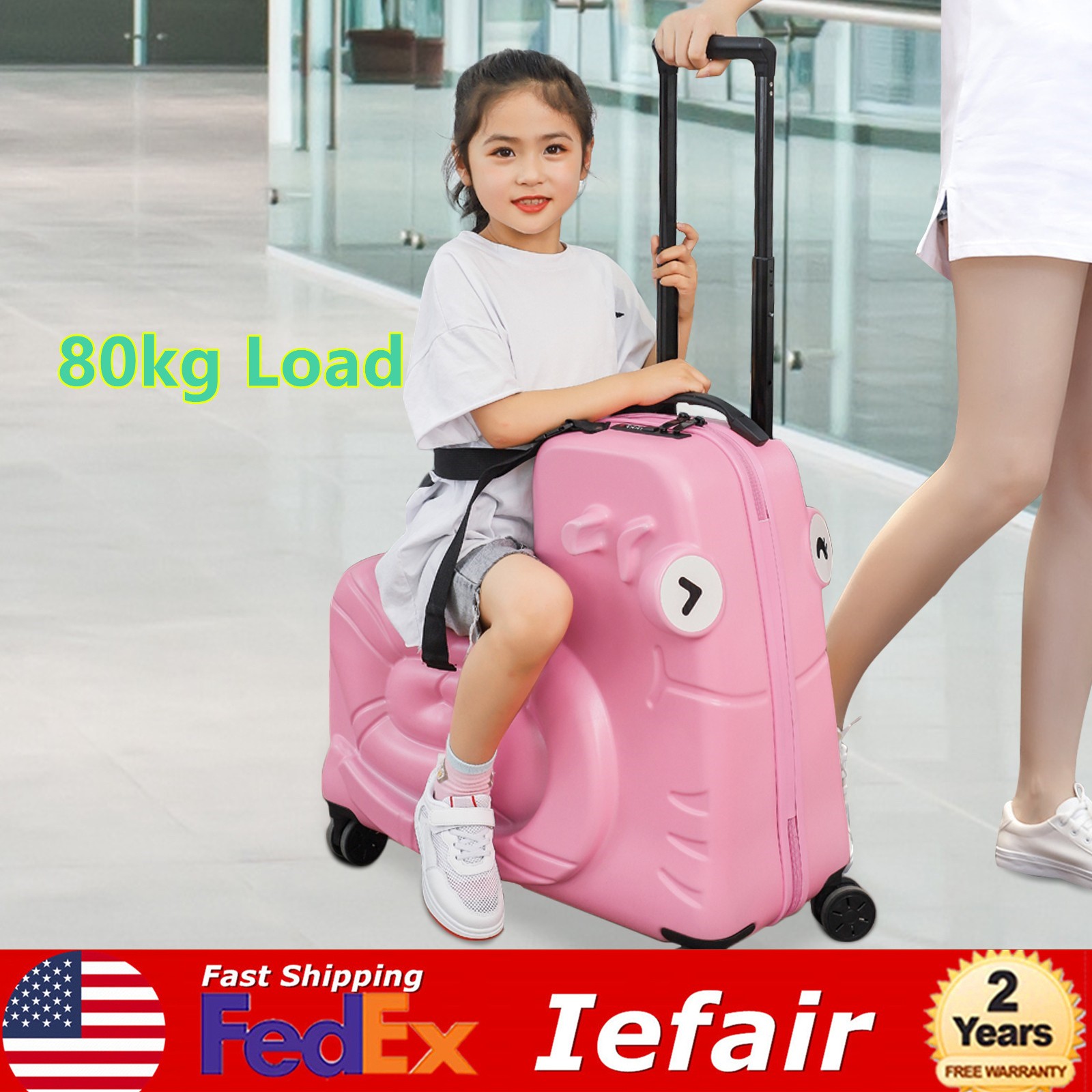 80kg Load Lockable Suitcase, Pink Dual-Use Child Seat, 20" Kids Ride-on Luggage