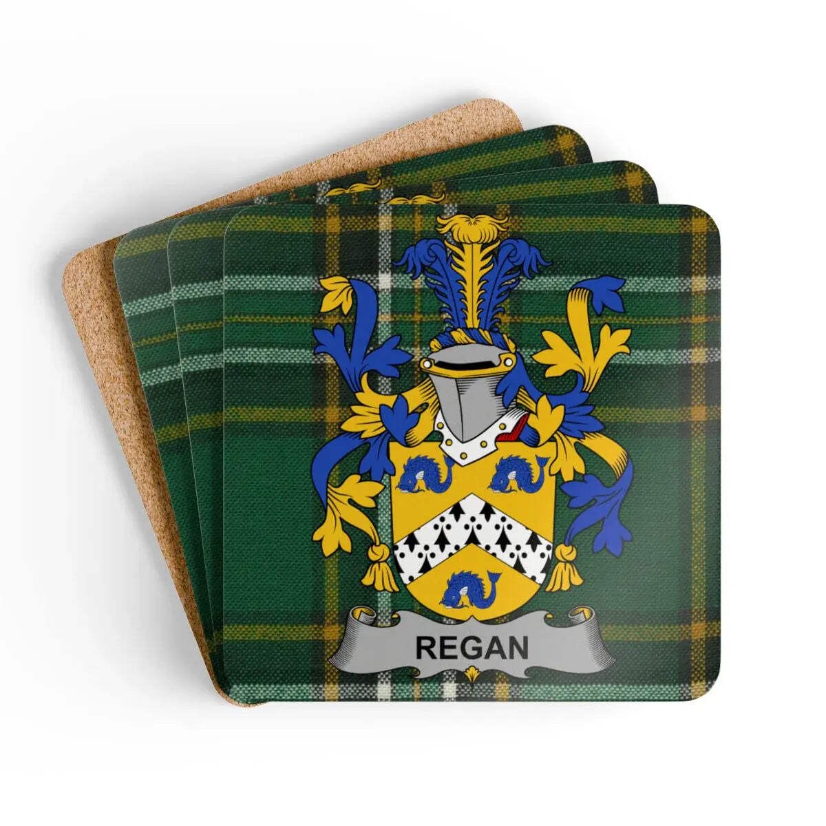 Regan Irish Family Crest Tartan Coaster Set