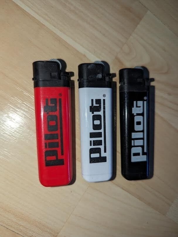 3 Pilot Gas Station logo lighters, USED, LIGHTERS, FLICK, BLACK, RED, WHITE