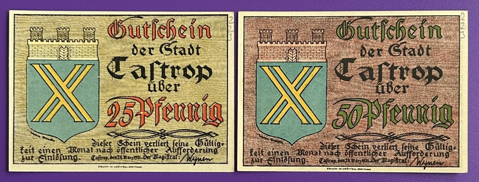 Germany. Notgeld. Caftrop  25  50 Ph  1921