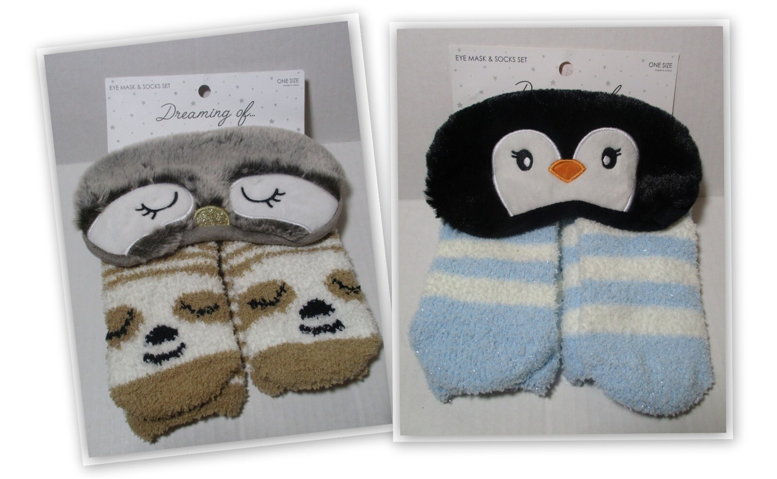Eye Mask & Socks Set Penguin or Sloth One Size Dreaming Of...  Soft Multicolor