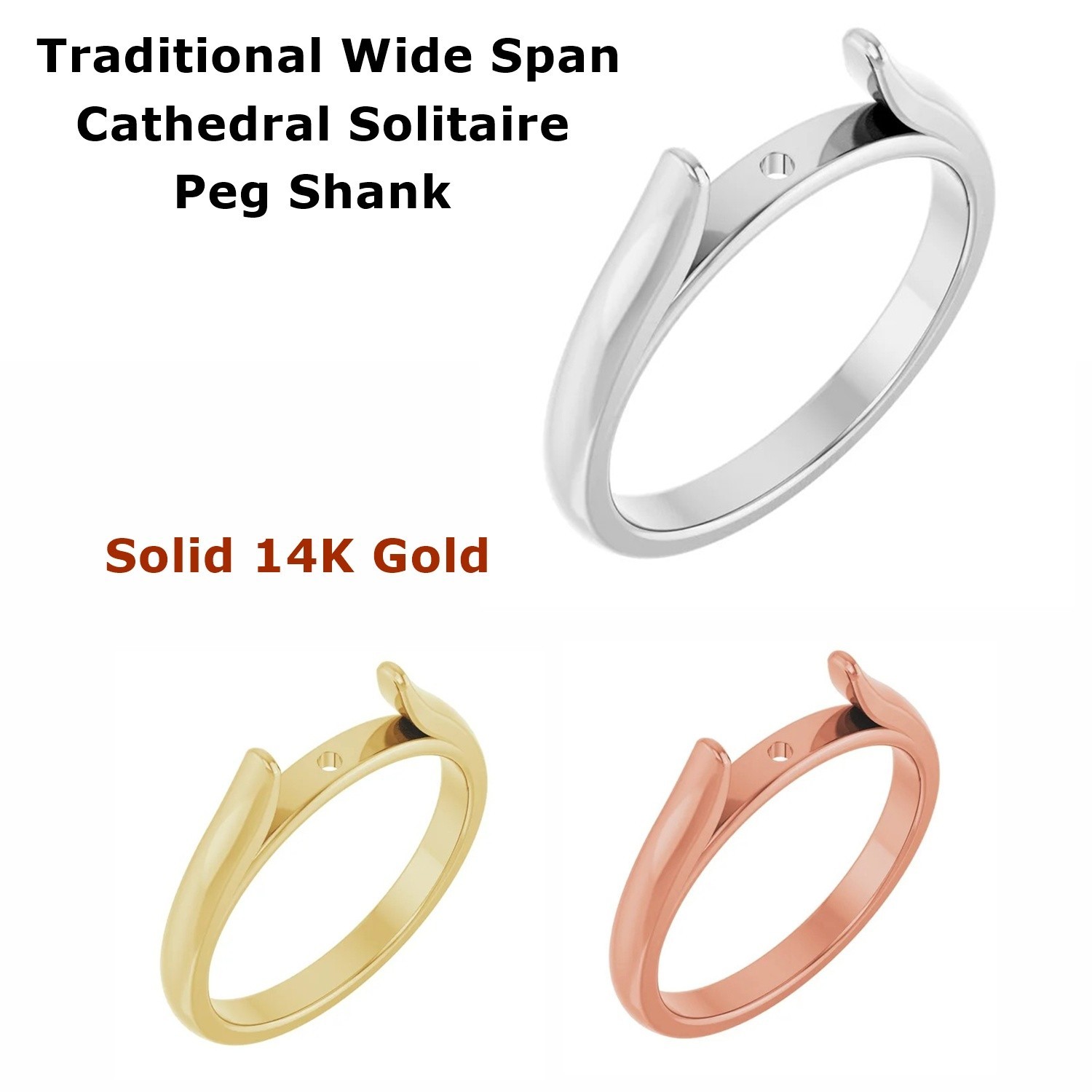Solitaire Ring Peg Shank Solid 14K Gold Traditional Wide Span Cathedral Design