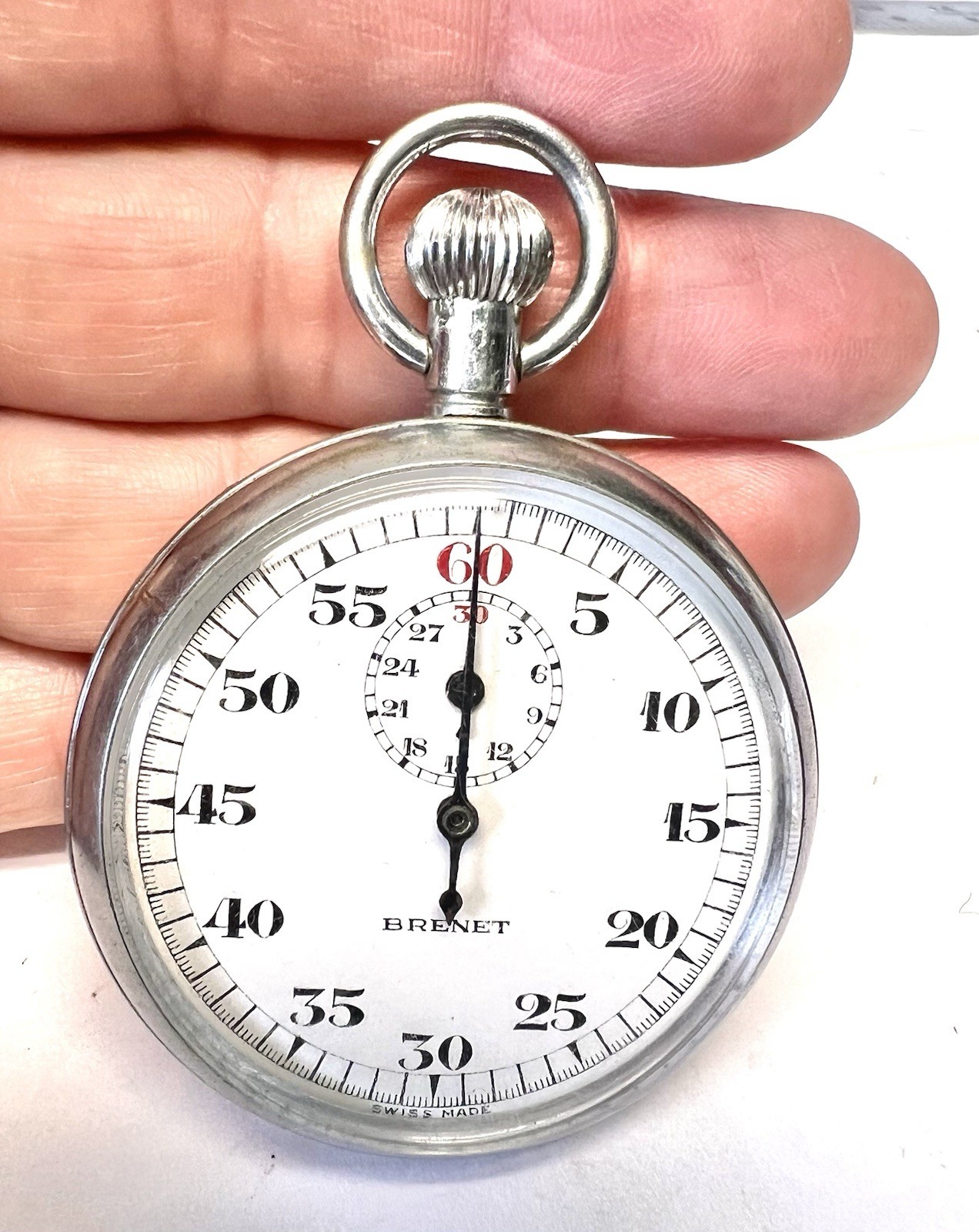 Vintage Brenet Swiss Made Mechanical Wind Up Stopwatch Silver 225510 - Read