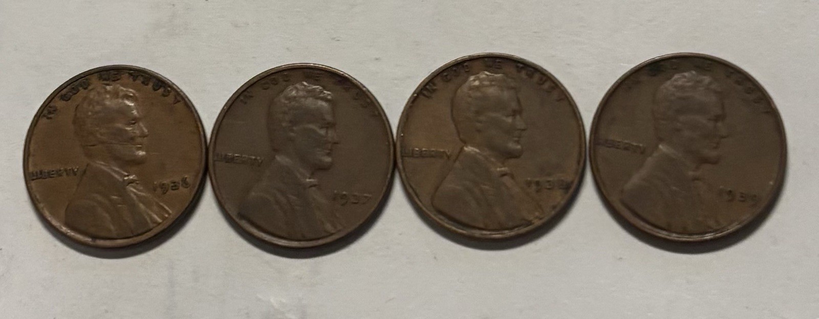 US Coins 1936-P, 1937-P,1 938-P, 1939-P (4)Lincoln Cents  Circulated