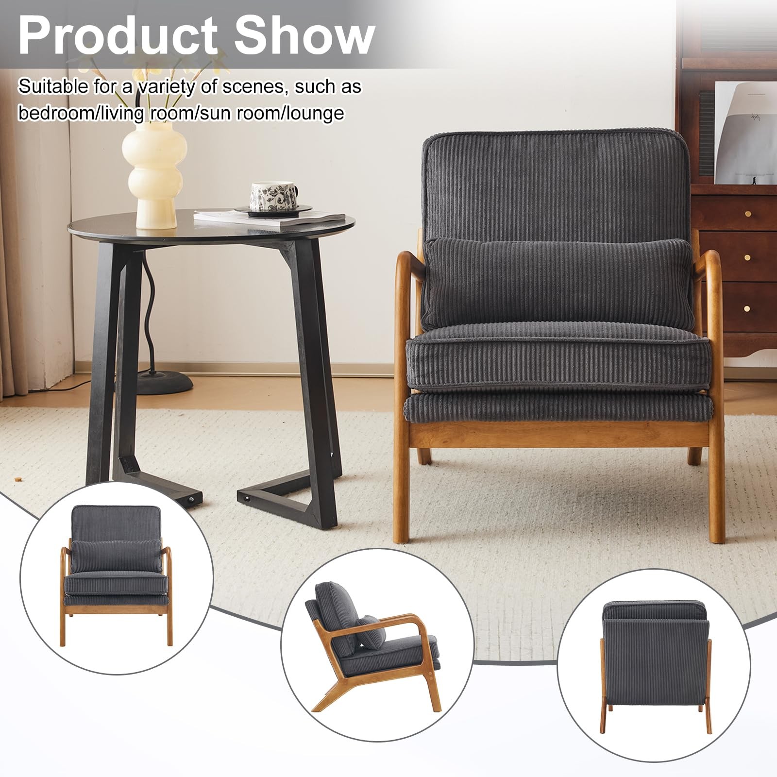 Ergonomic Corduroy Armchair with High-Density Sponge with Back Pillow for Porch