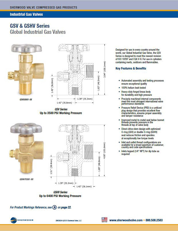 Sherwood Cylinder Valve, CGA540, 3/4 UNF, 3000CG1, Aluminum Hand Wheel