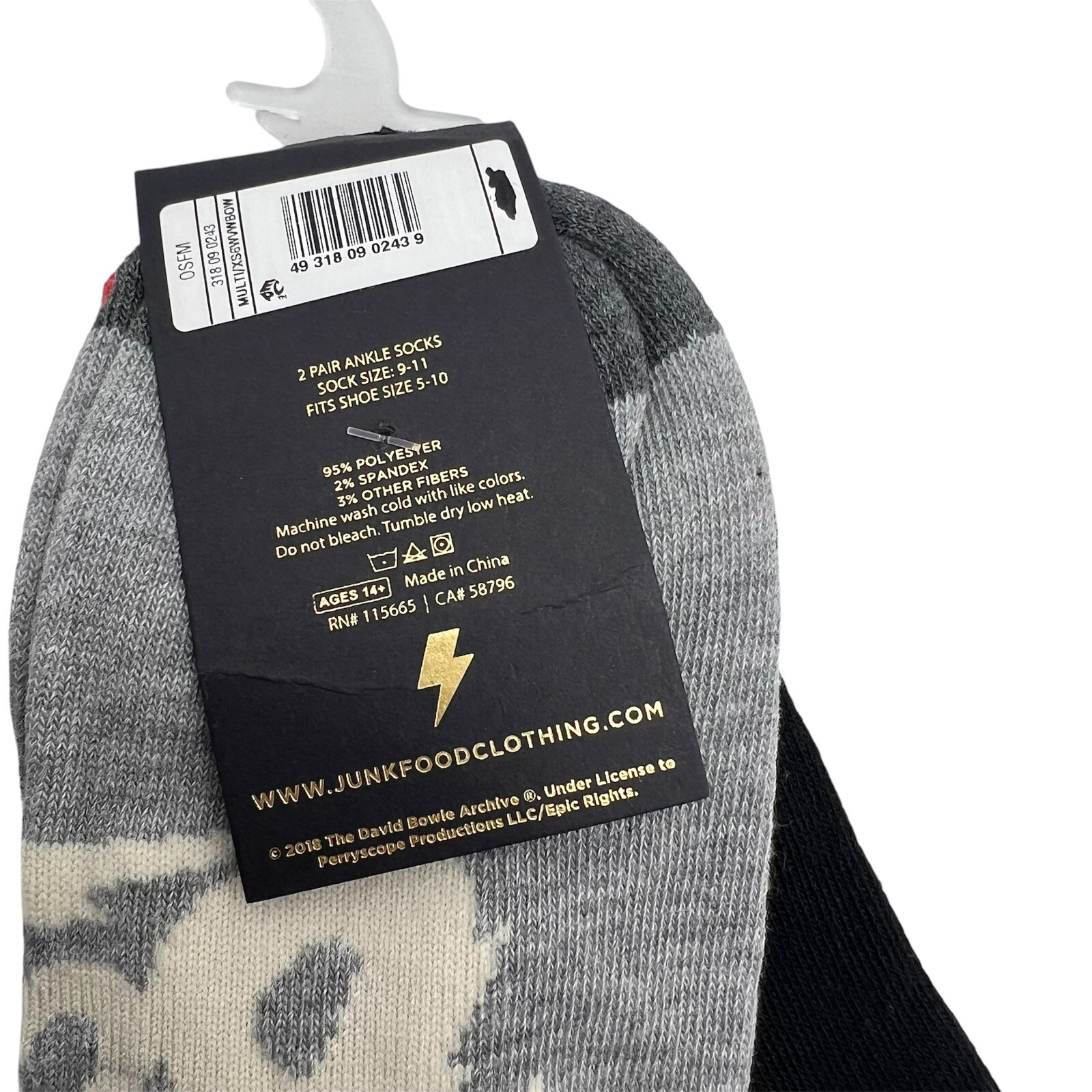 2 Pair Junk Food Rock David Bowie Archive Ankle Socks Size 9-11/5-10 Shoe
