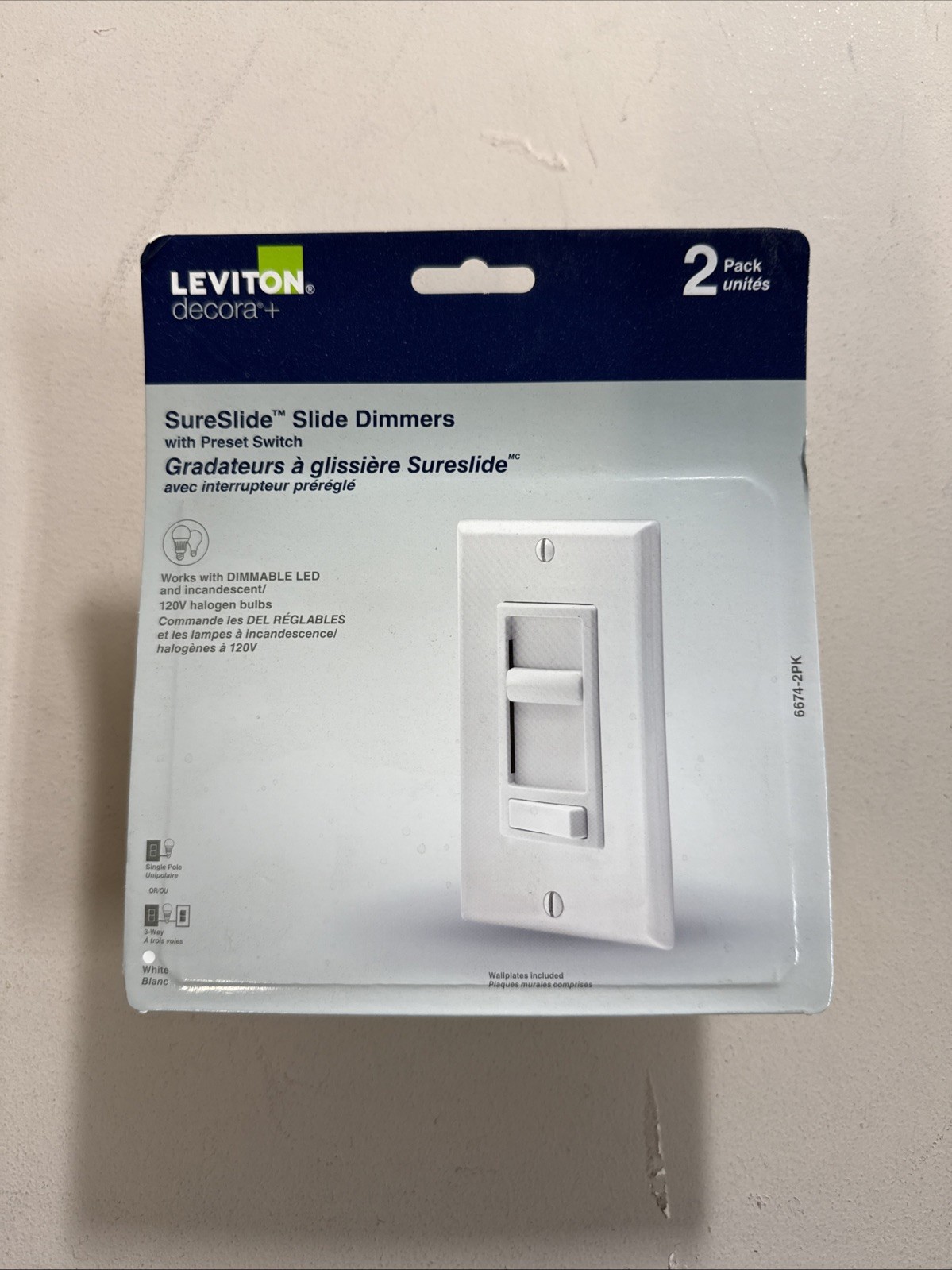 Leviton Decora+ SureSlide Universal Slide Dimmer With Preset 6674-2PK (2-Pack)