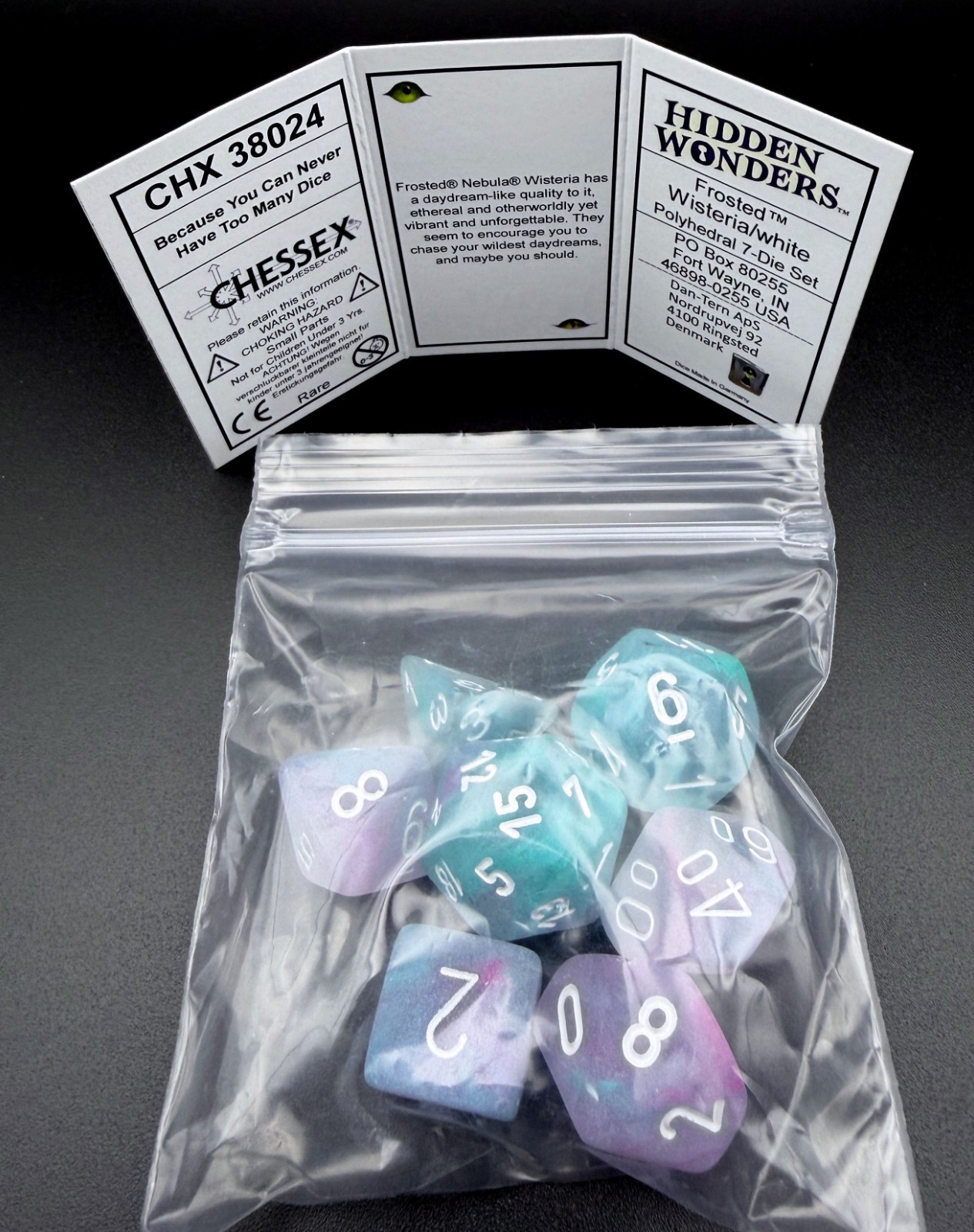 Chessex 38024 Hidden Wonders Frosted Wisteria / white Polyhedral 7 Dice Set Rare