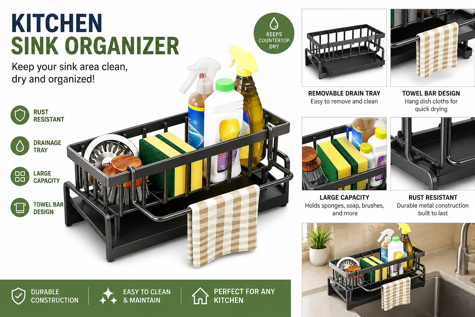 Kitchen Sink Organizer Carbon Steel with Tilted Water Tray Storage Rack for Spon