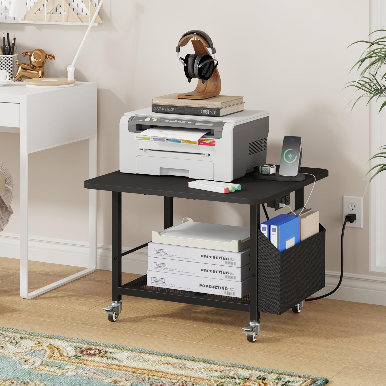 23.6" Large Printer Stand with Power Outlet,3D Printer Table,Black