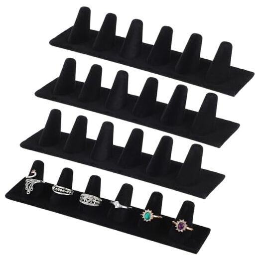 4 Pcs Black Velvet Ring Display, 6 Finger Rings Display for Ring Storage