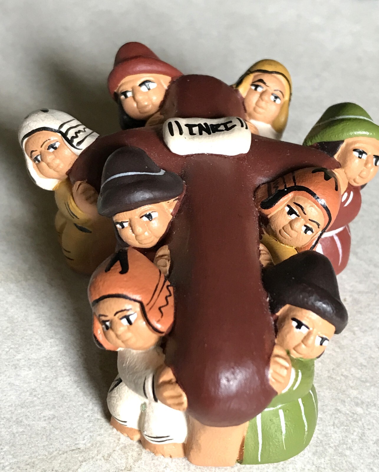 Peru Clay Figures Carrying Crucifix Cross Ethnic Handmade Religious Folk Art