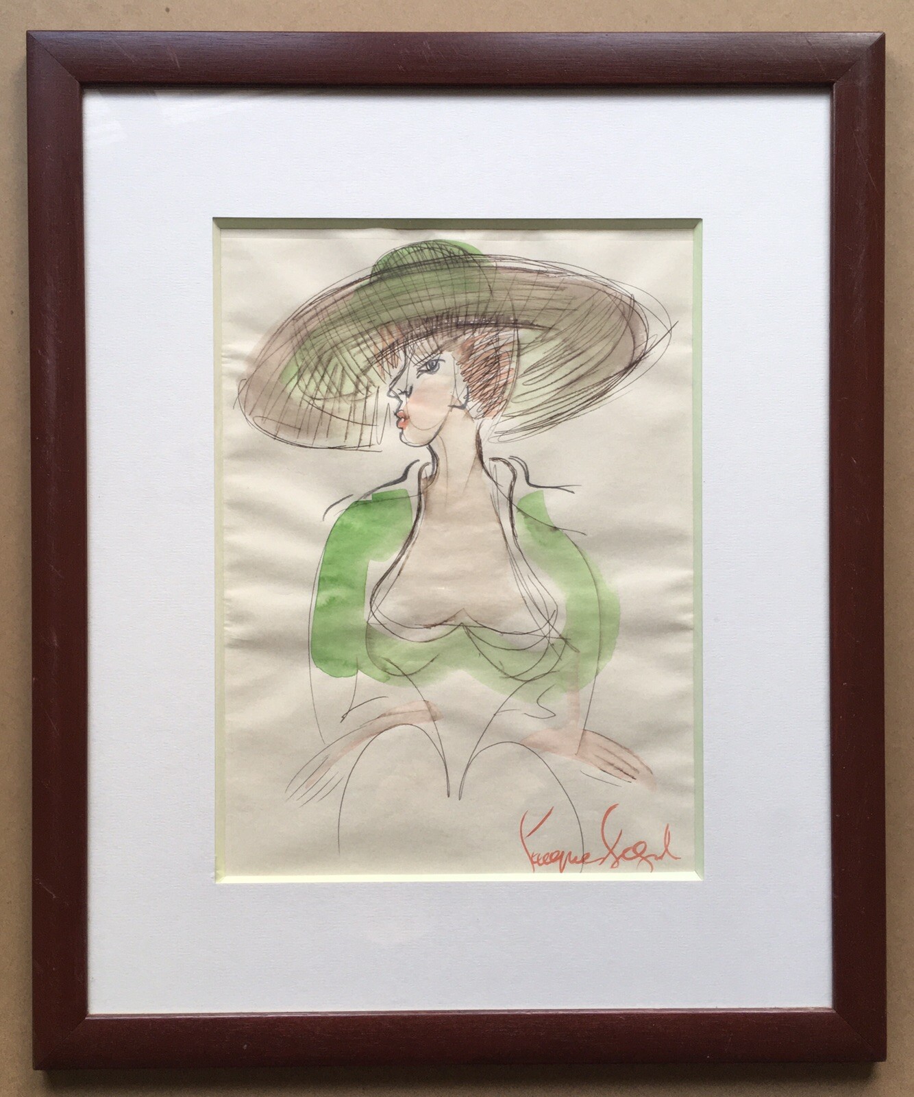 Original Watercolor Drawing Jacques Segal Sensual Woman Portrait Fashion Hat XX
