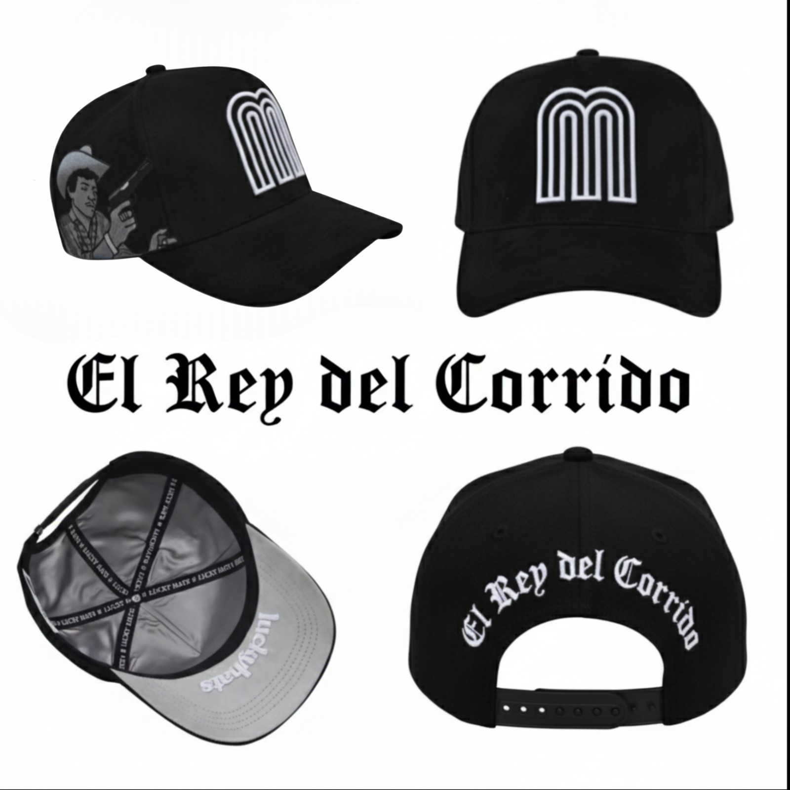 Gorra Chalino Sánchez Negra Suede (Gamuza) - Bordado "M" y Chalino con Pistola