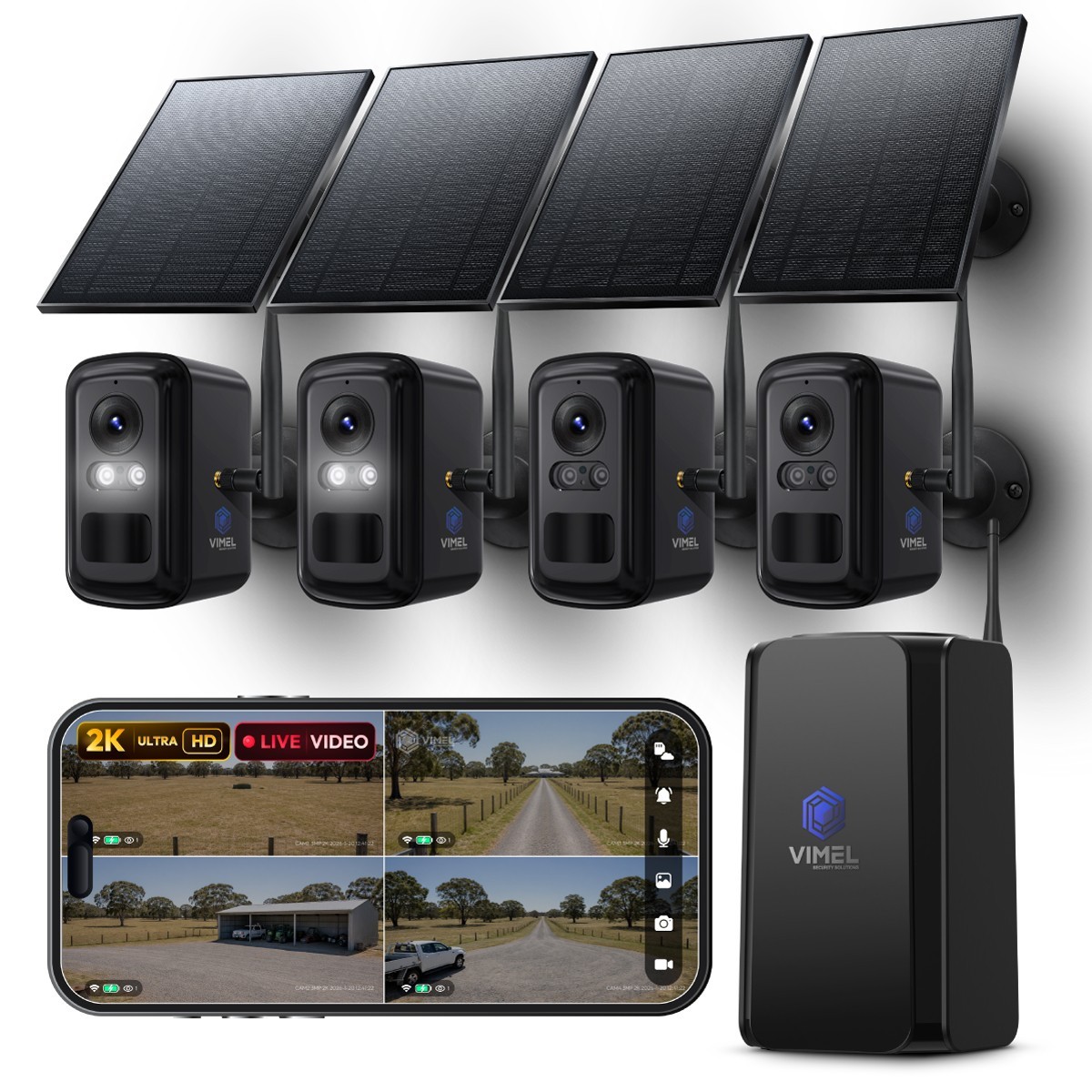 Home Security Camera System Solar WiFi 4 Camera 2K Long Range Hub Night Vision