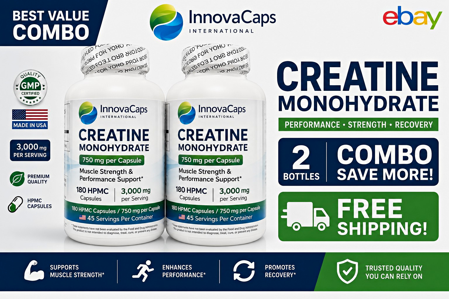 InnovaCaps International Creatine Monohydrate 750mg 180 Caps Made in USA GMP