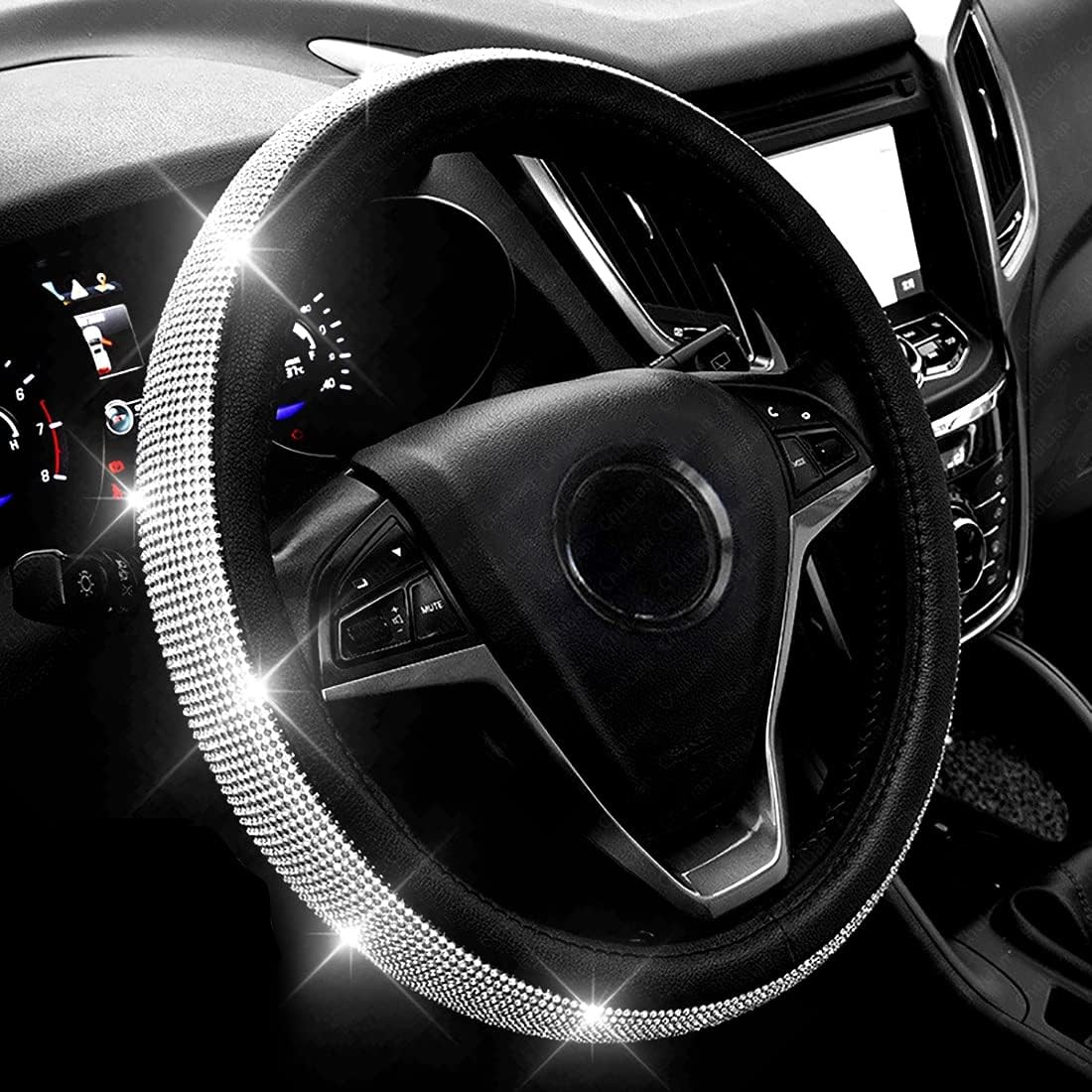 Diamond Leather Steering Wheel Cover with Bling Bling Crystal Rhinestones,Large-