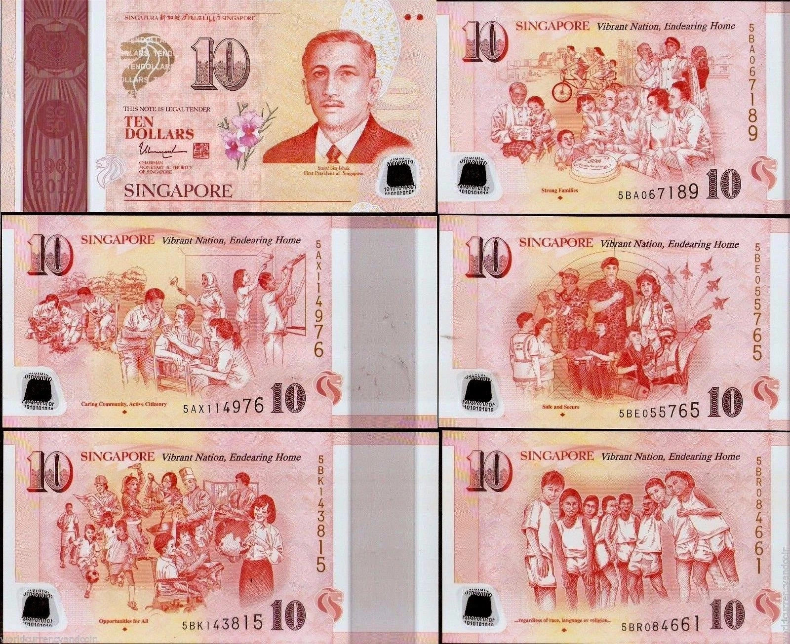 Singapore 10 DOLLARS x 5 Pcs Set 2015 Commemorative MUSIC UNC Polymer SG50 NOTE