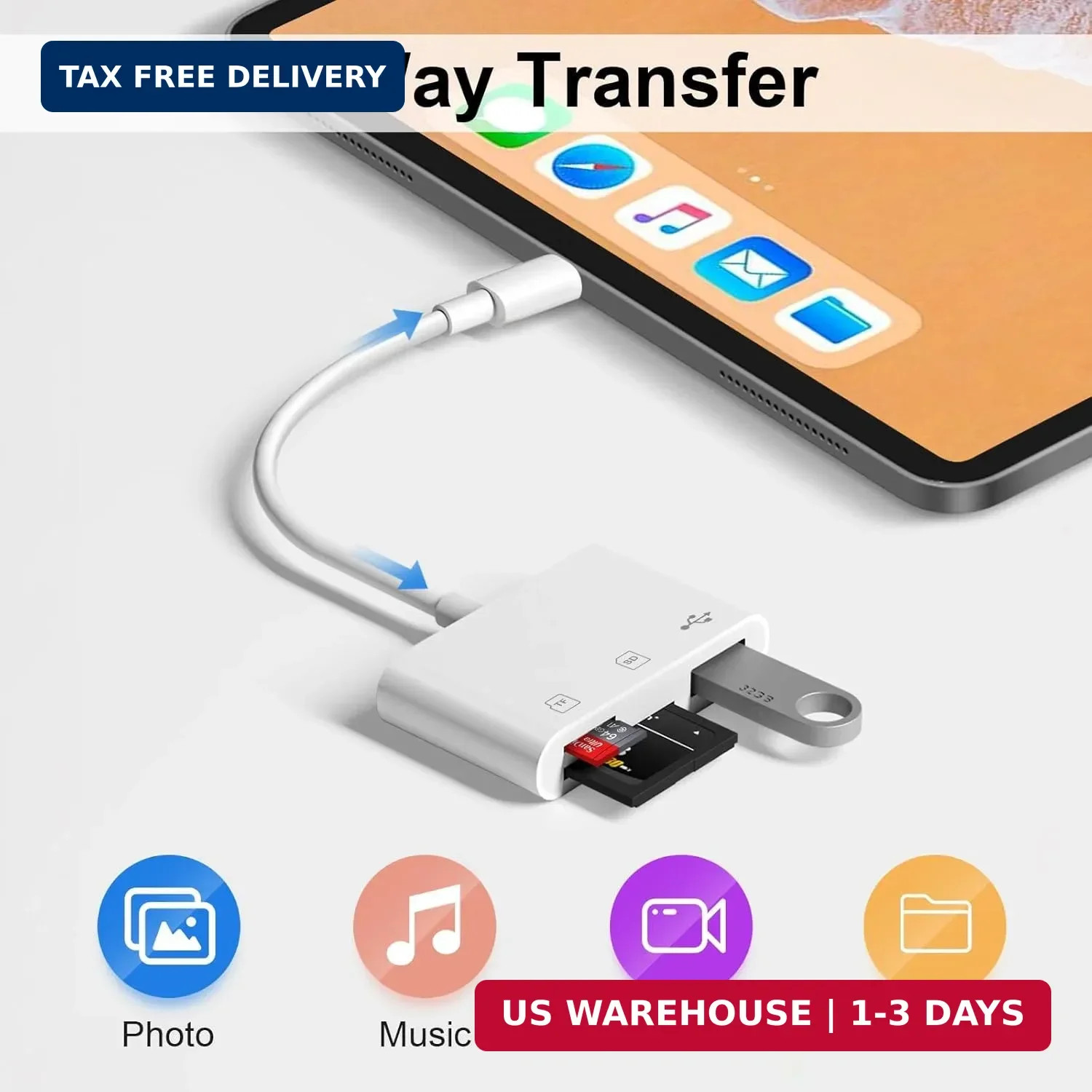 SD Card Reader for iPhone, 3-in-1 Lightning to SD Card Reader Micro SD Digital C