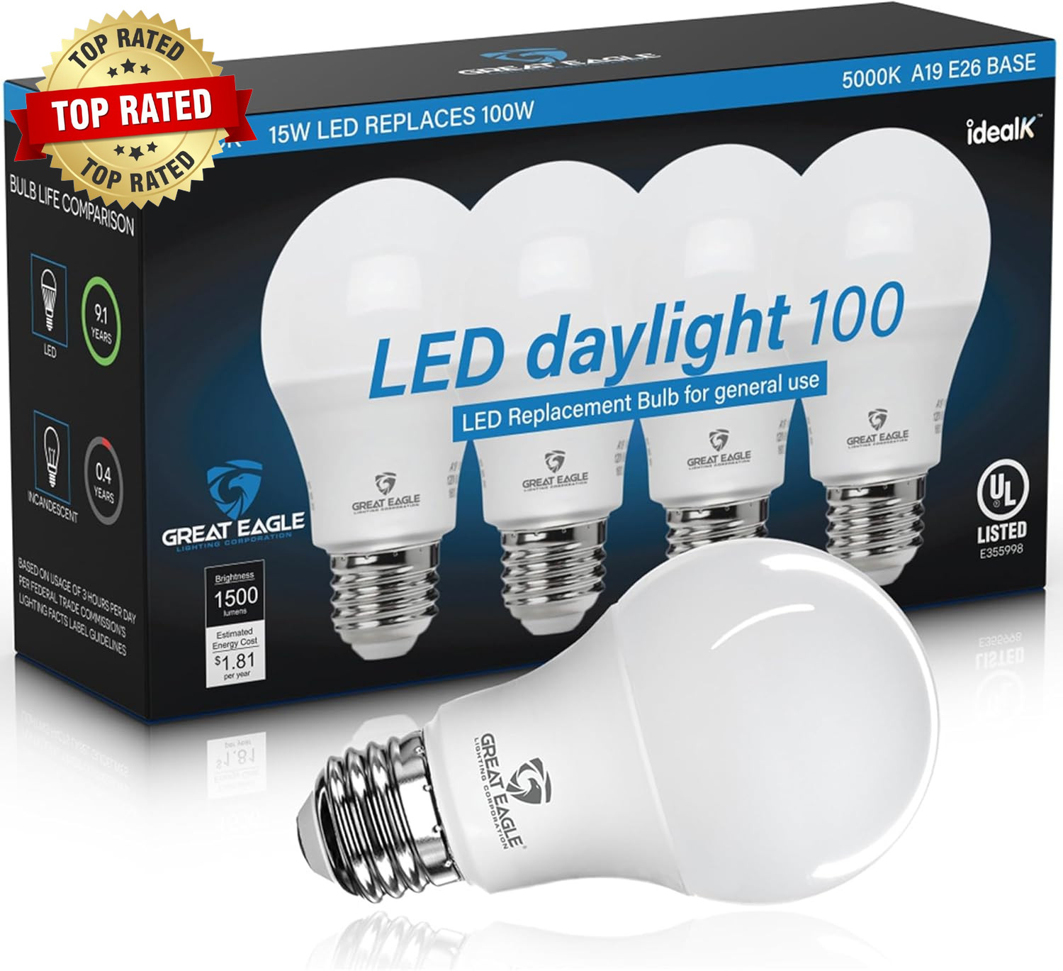Great Eagle A19 LED Light Bulbs – 100W Equivalent (15W) Daylight 5000K 1500 Lume
