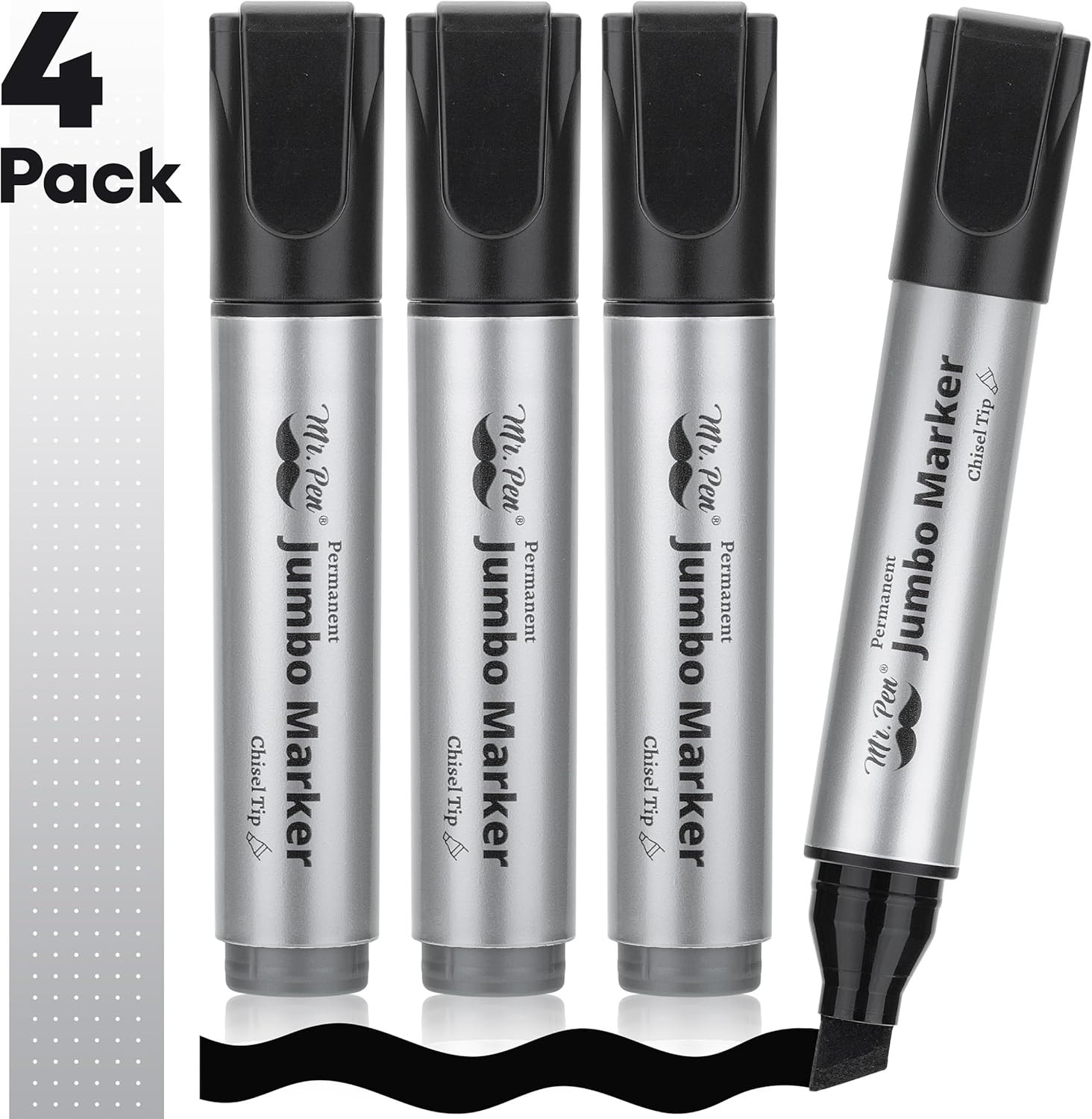 Jumbo Permanent Markers, 4 Pack, Black, Chisel Tip, Wide Tip, Large, Thick Perma
