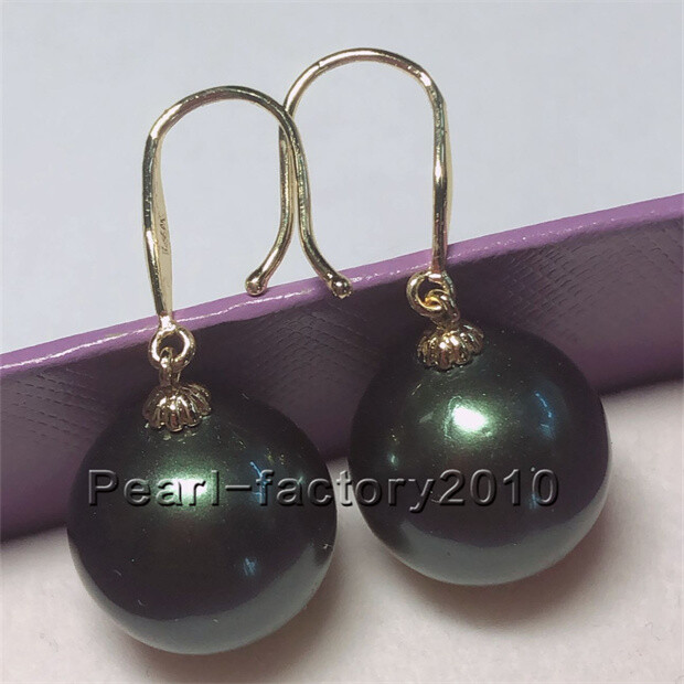 AAA 16mm Natural Australian South Sea black green Shell Pearl Earrings 14k Gold
