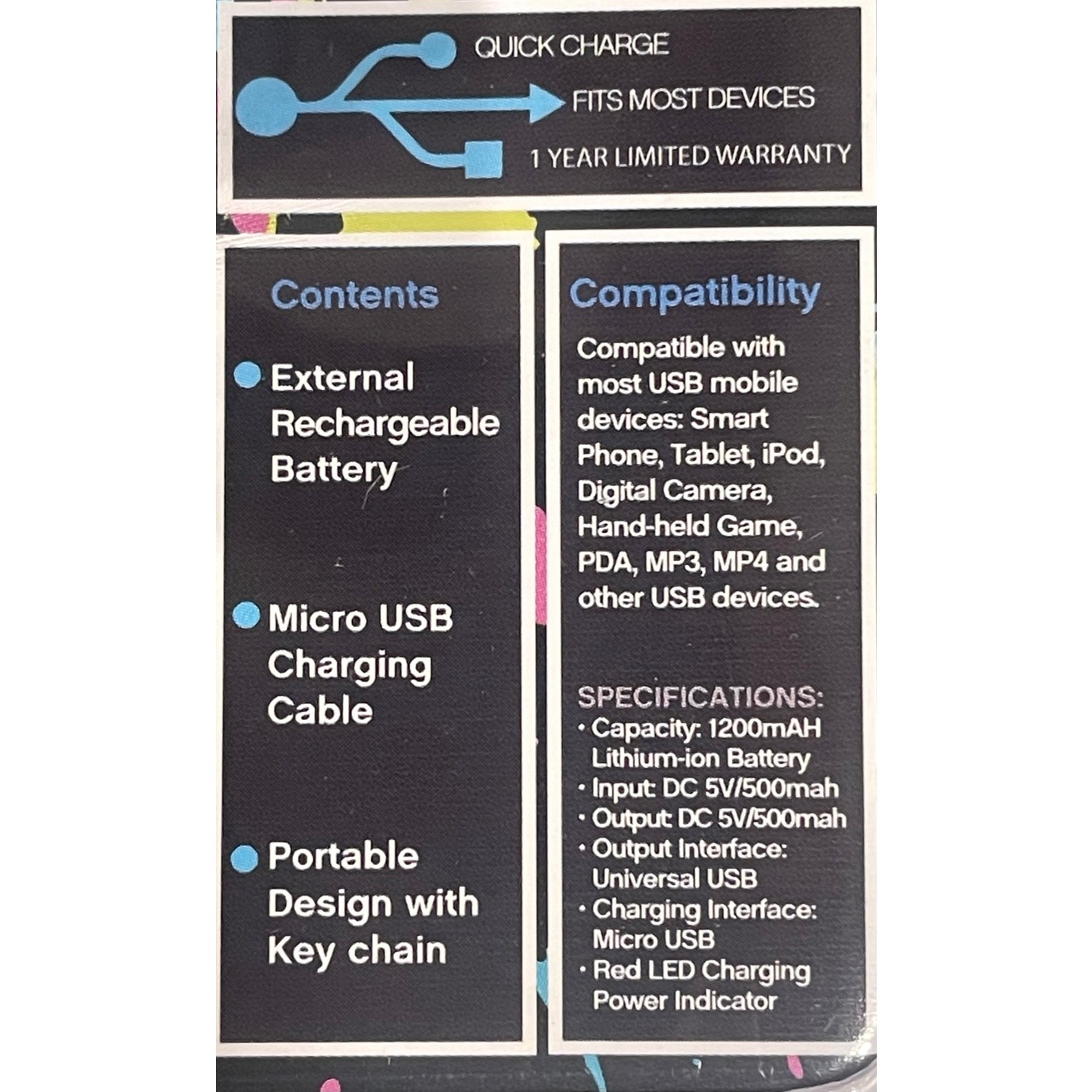New 2 Pack Keychain Power Bank Quick Charge iphone Camera Smart Device BLACK