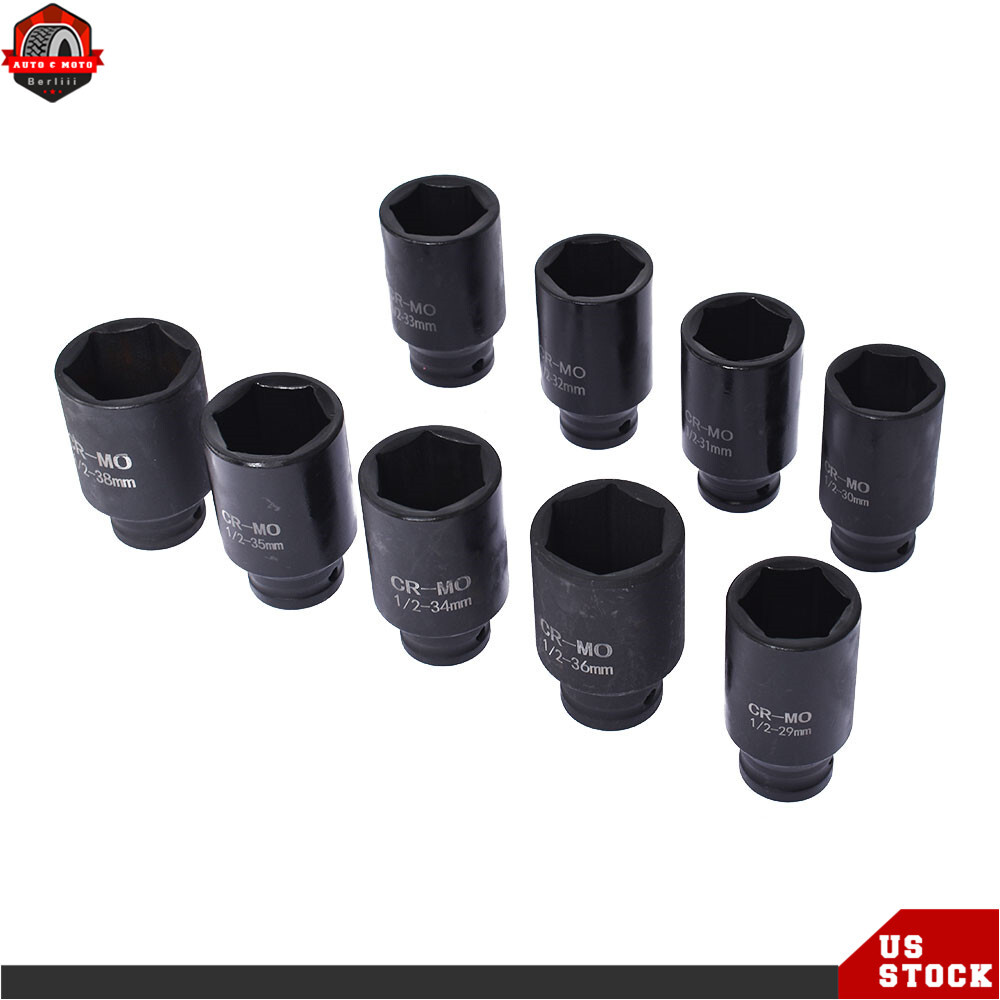 9pc Deep Impact Socket Set 1/2" Drive Metric Axle Hub Nut Sockets 29-38mm w/Case