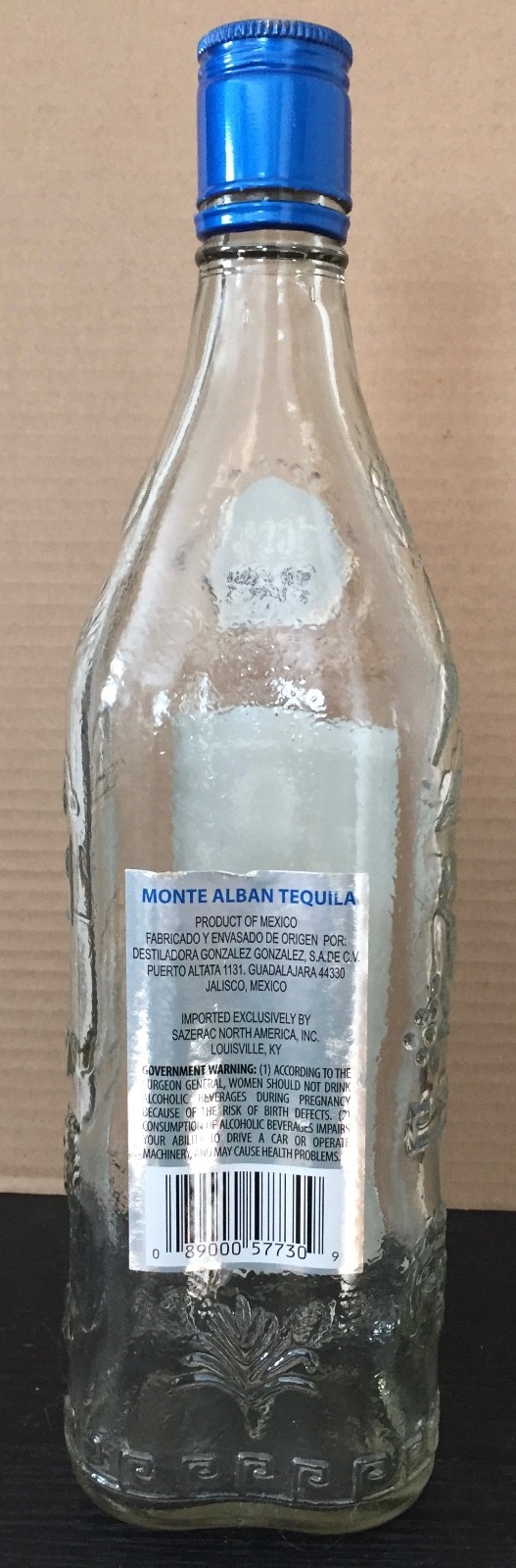 Monte Alban Silver Tequila Empty 750 ML Embossed Bottle Mexico