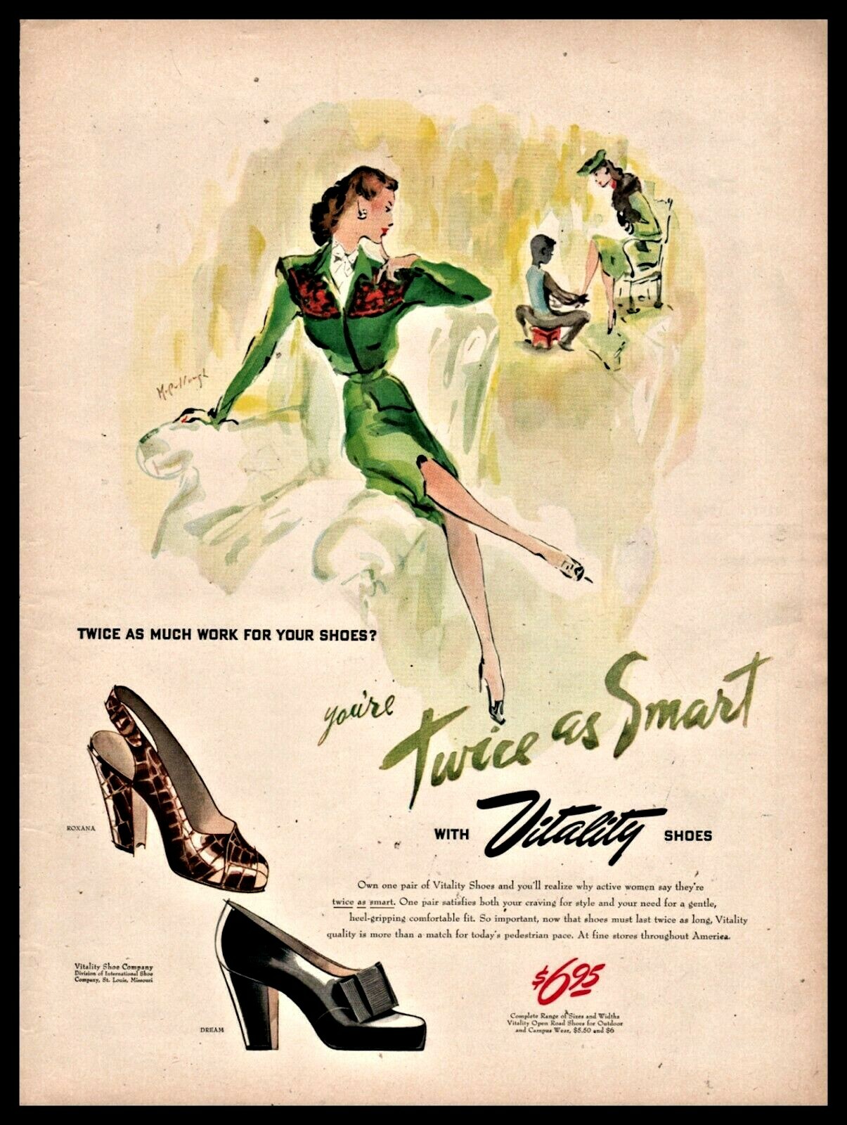 1945 VITALITY Women's Ladies Shoes Vintage Fashion PRINT AD McCullough Art