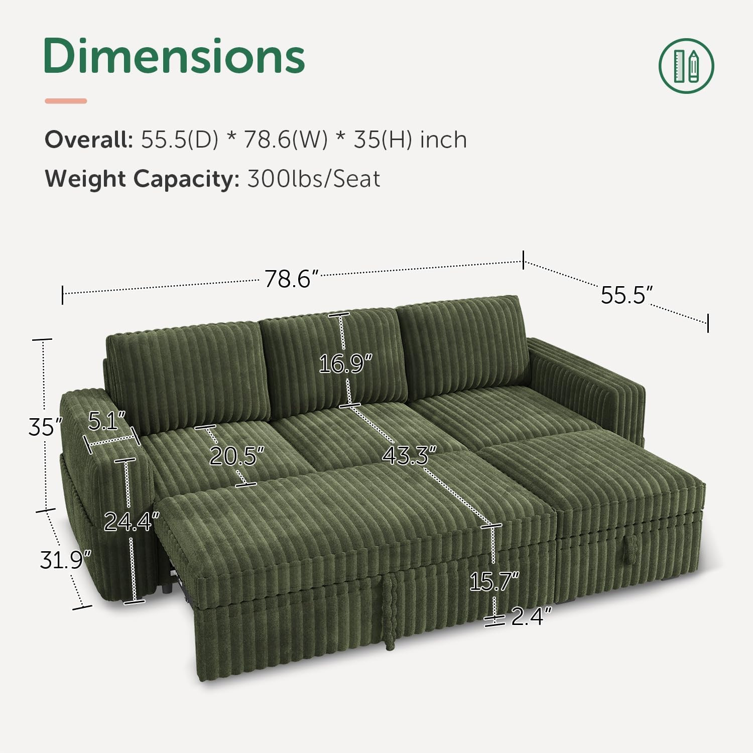 Modular Sectional Sofa with Pull Out Bed,Corduroy L Shaped Sleeper Sofa with Sto
