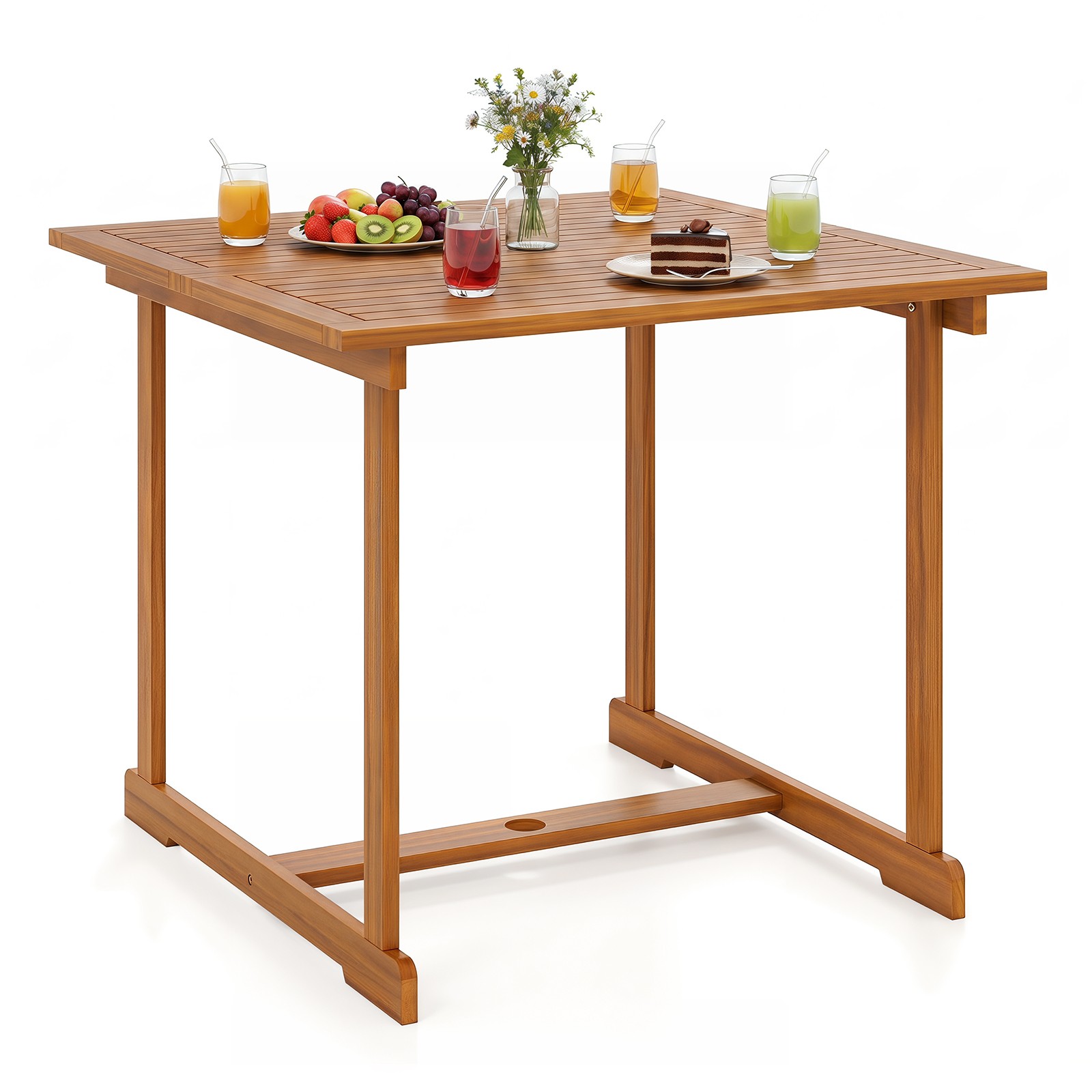 35.5” Acacia Wood Outdoor Dining Table for 4 w/Umbrella Hole Reinforced Crossbar