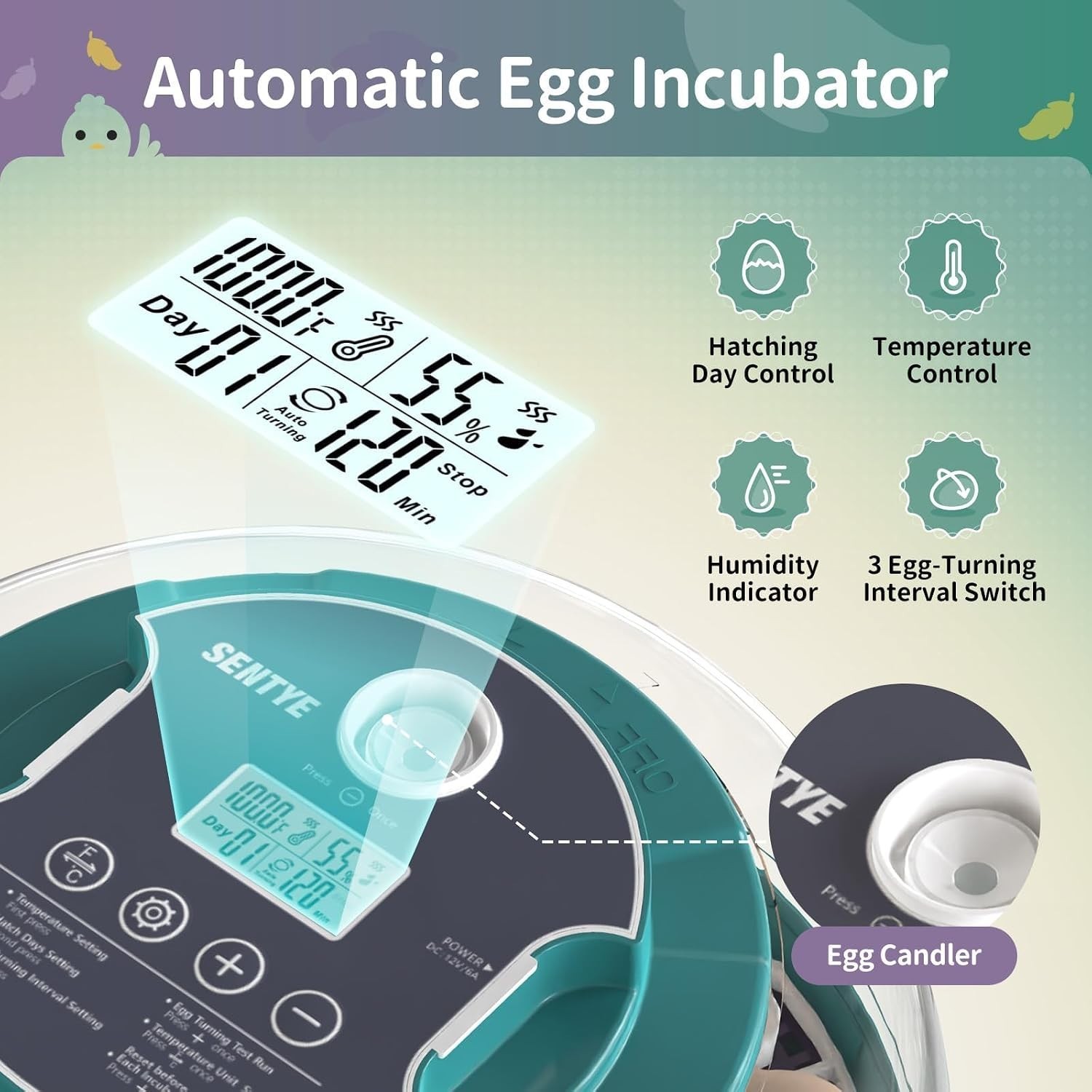 Automatic Egg Hatcher with LED Screen, Large Egg with Adjustable Turning & Hu...