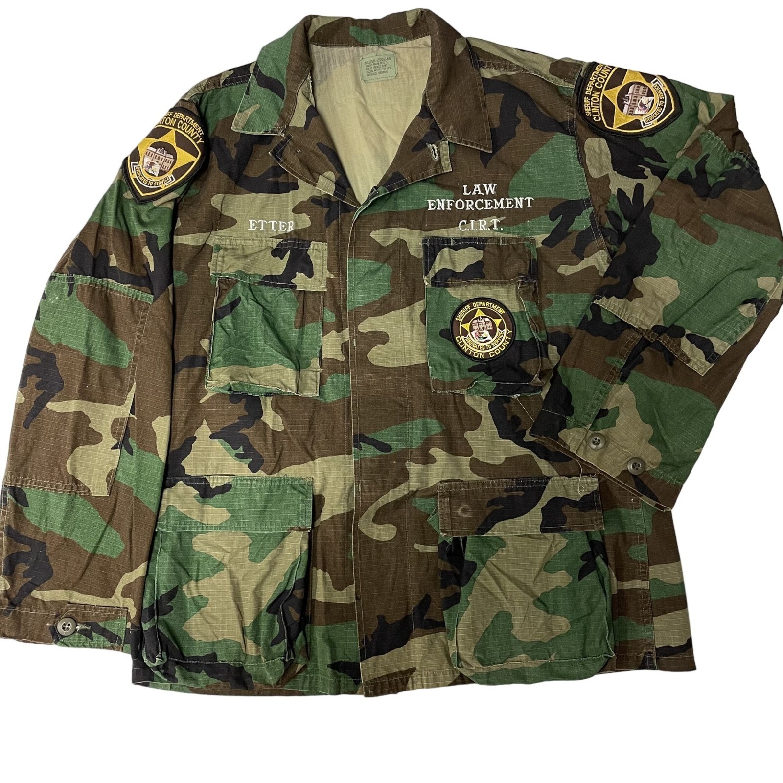 Vtg US Army WOODLAND Camouflage SHERIF Military PATCHES COMBAT Field Jacket M