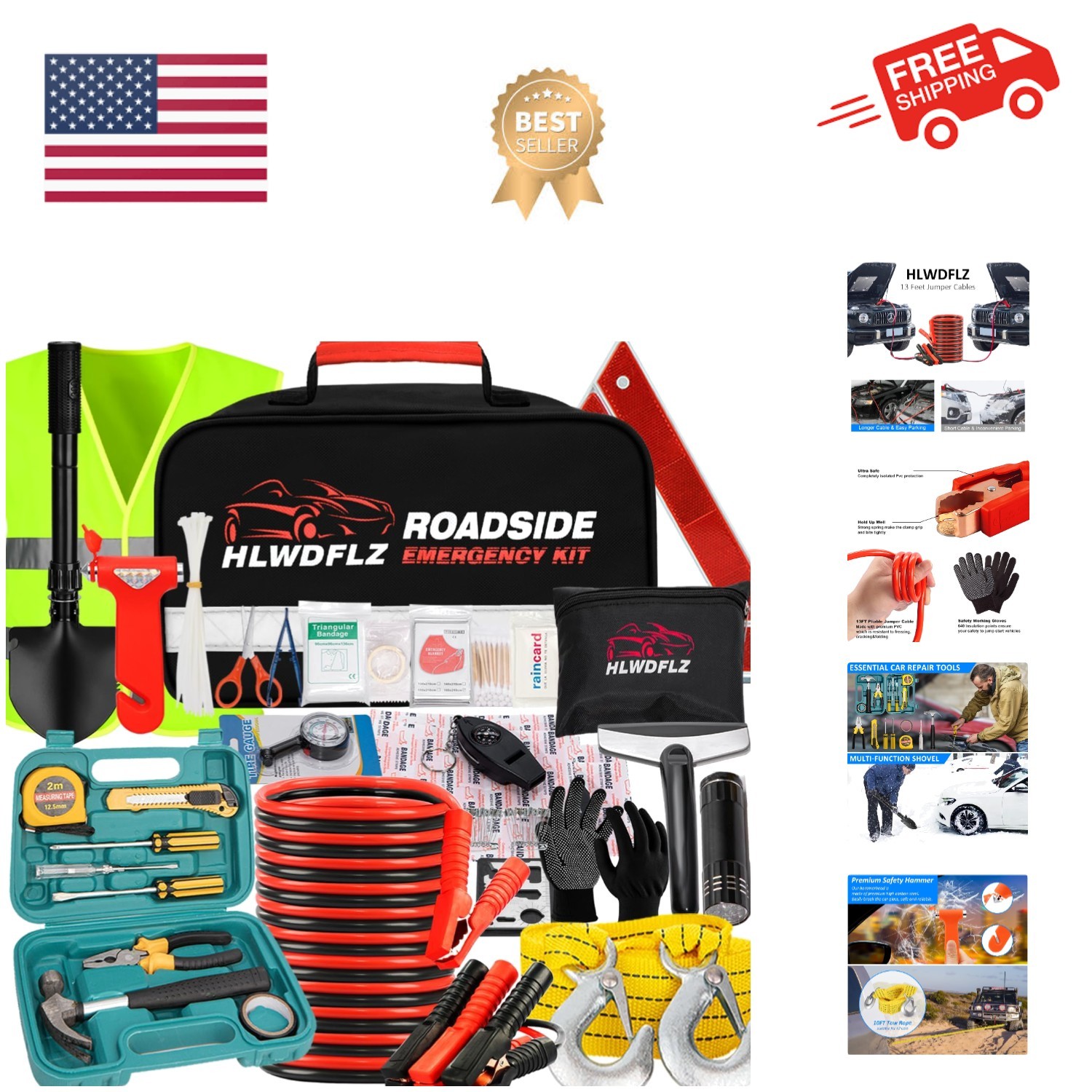 Emergency Car Kit with Jumper Cables & Snow Shovel, Winter Roadside Assistanc...
