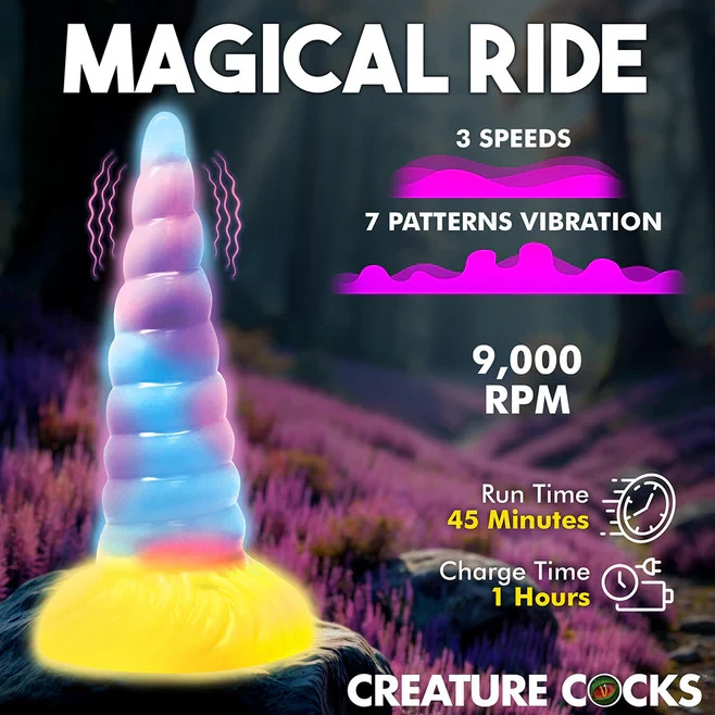 Creature Cocks Unicorn Glow Dildo – Vibrating, Remote Control, Suction Cup, GITD
