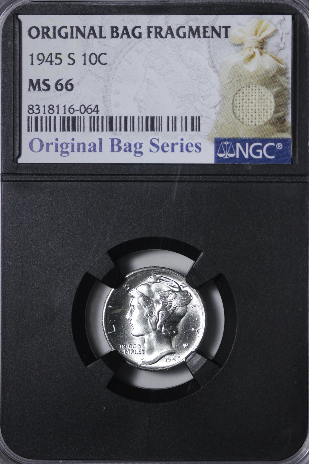 GEM BU 1945-S Mercury Dime NGC MS66 Original Bag Fragment XYHY