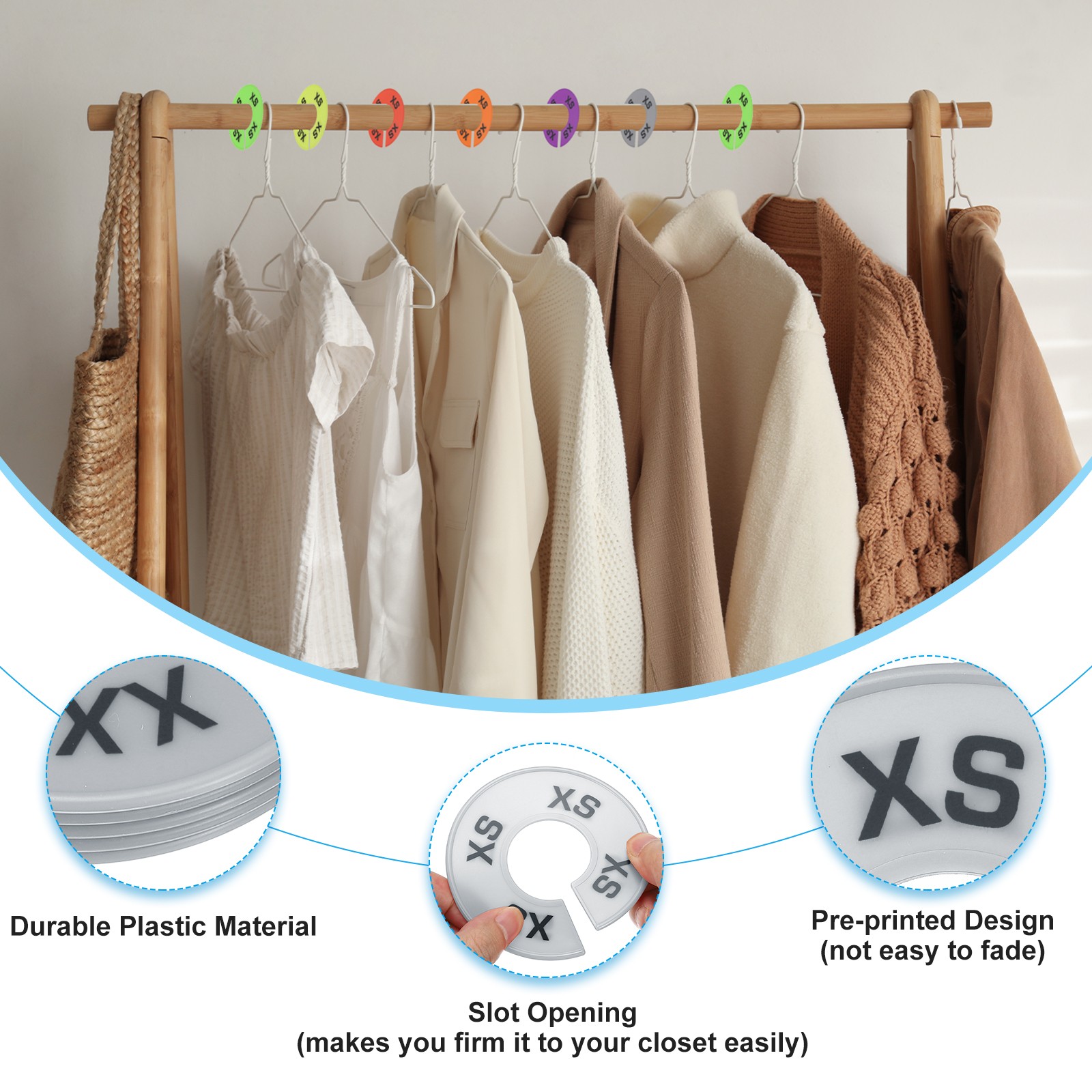 40 Pack Round Clothes Dividers for Hanging Clothes 8 Sizes Grey