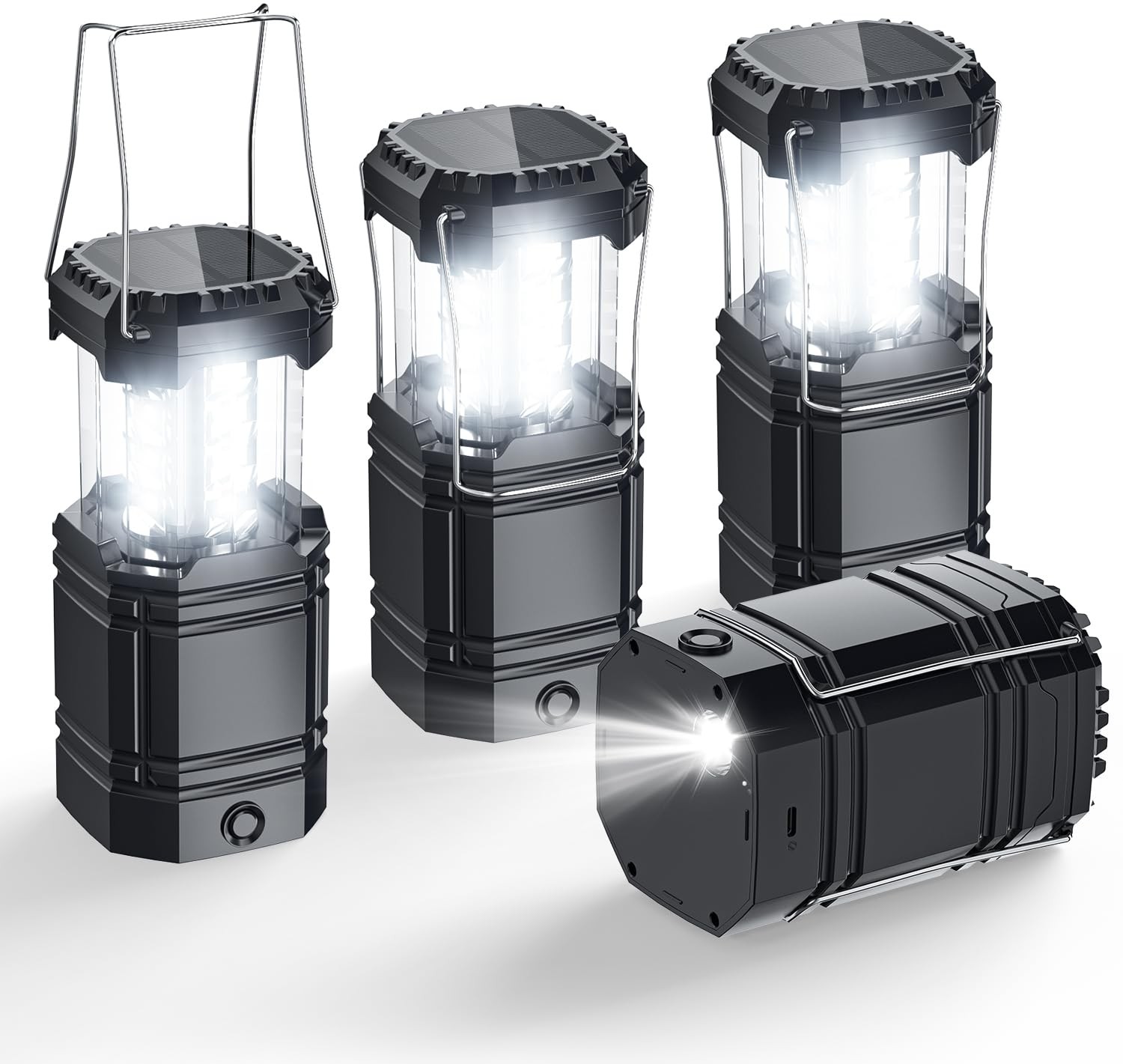 Solar Camping Lantern 4 Pack, Rechargeable LED Lantern with Flashlight