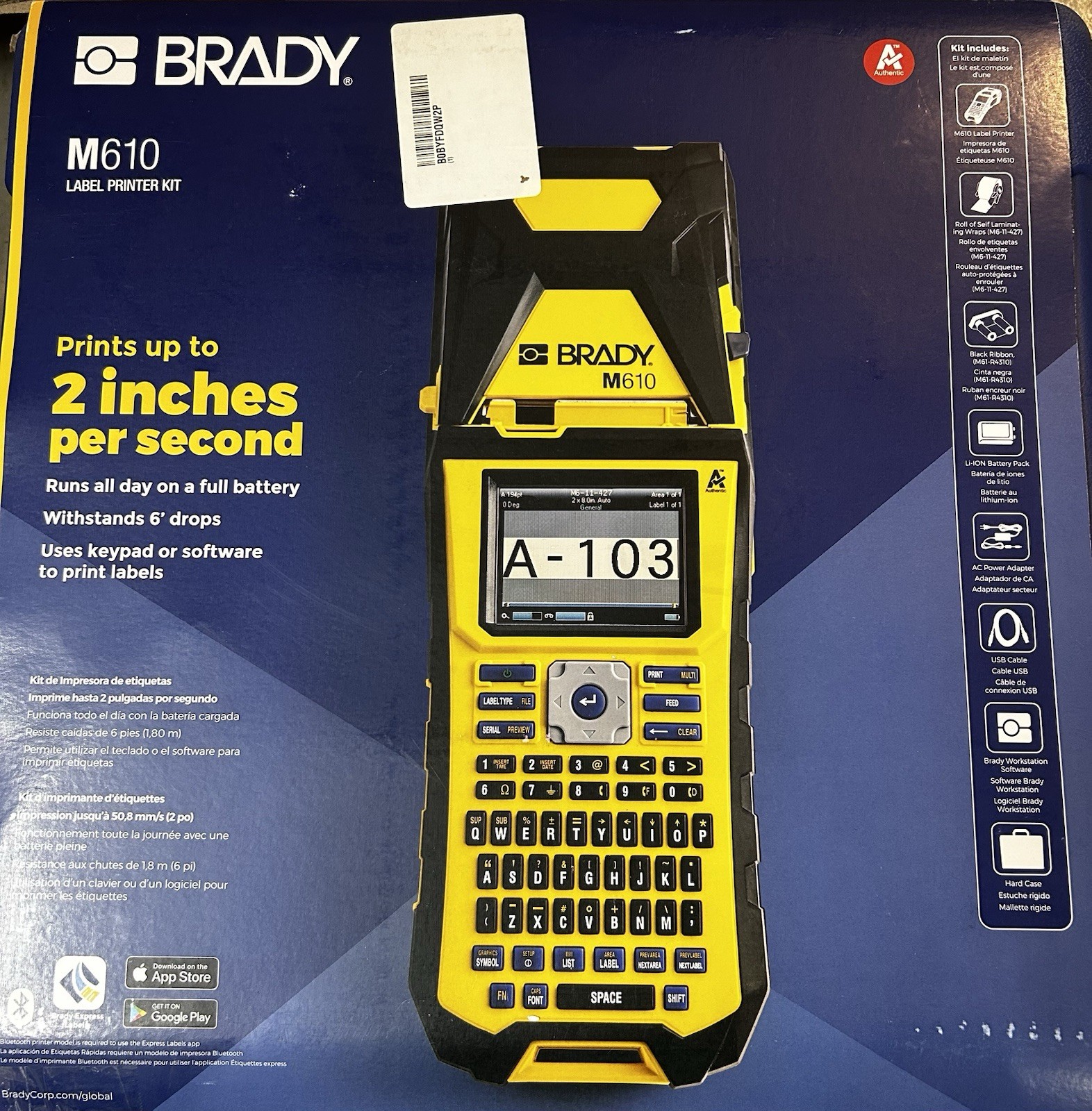 Brady M610 Handheld Label Maker with Hard Case, 2" Tape M610-B-Kit