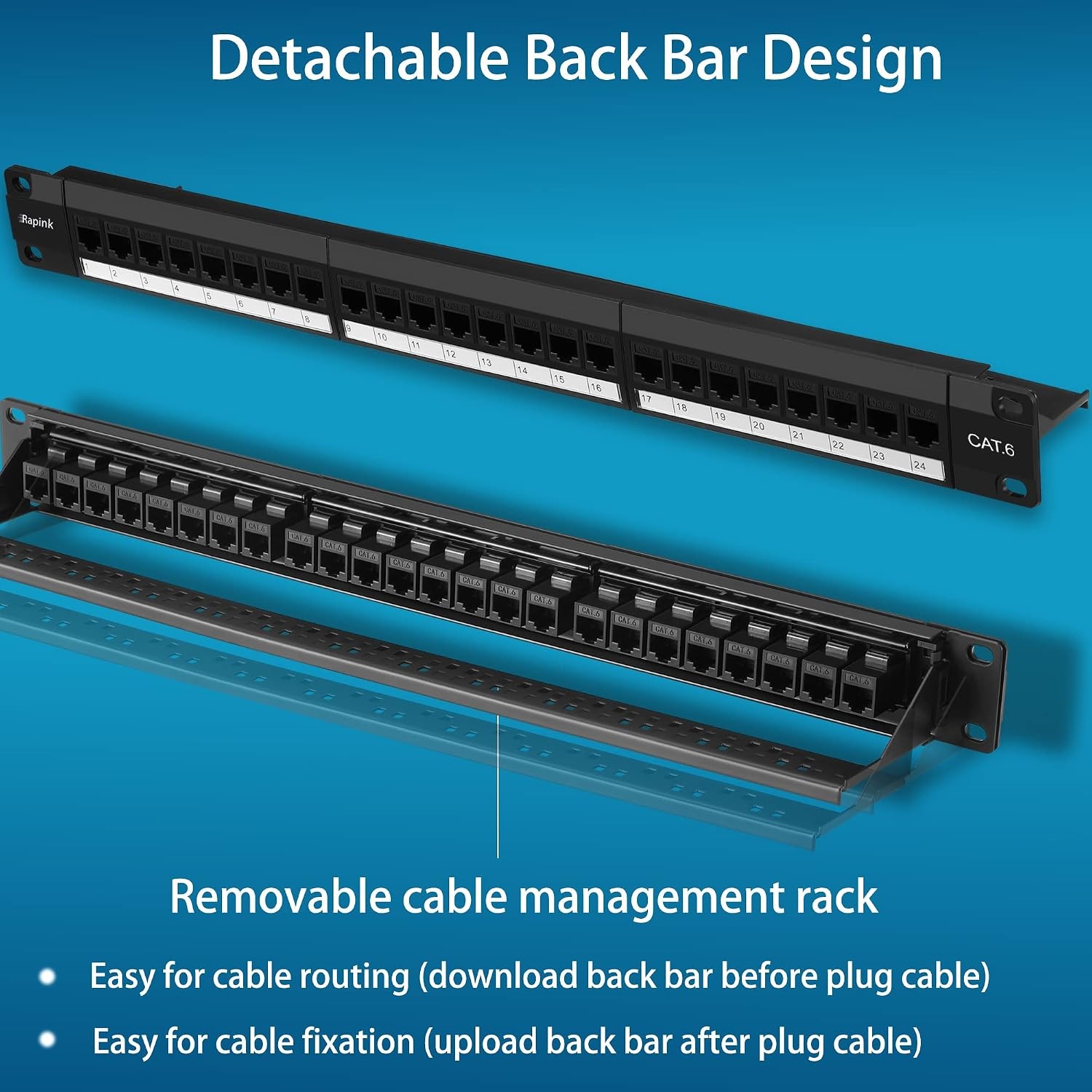 Rapink Patch Panel 24 Port Cat6 with Inline Keystone 10G Support, Pass-Thru Coup