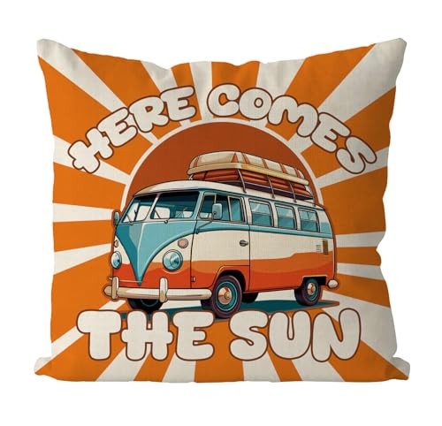 Summer Pillow Covers 18x18 Inch Here Comes The Sun Bus Throw Pillow Case