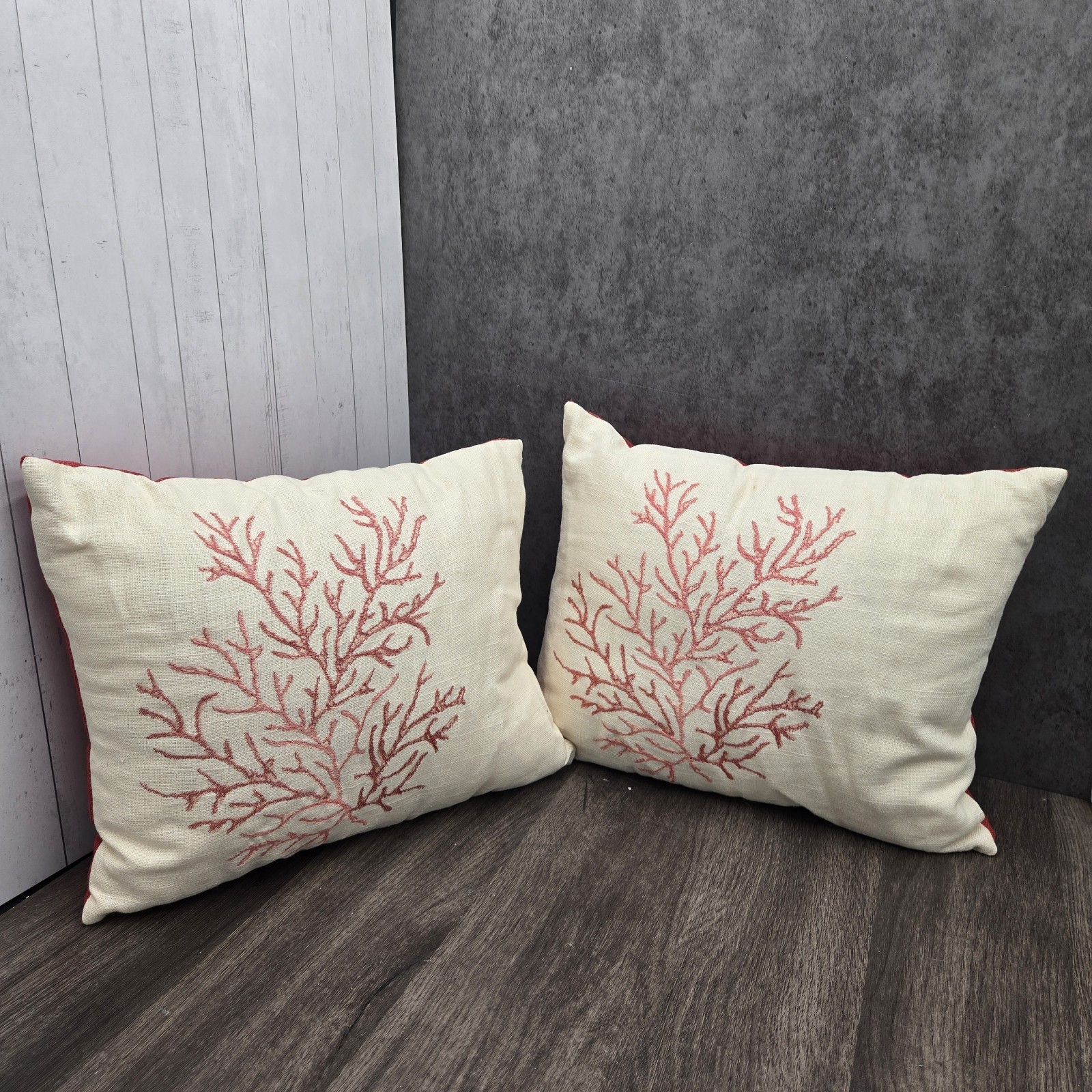 Pier 1 Imports Cream Embroidered Coral Lumbar Pillows Pair Boho Coastal Decor