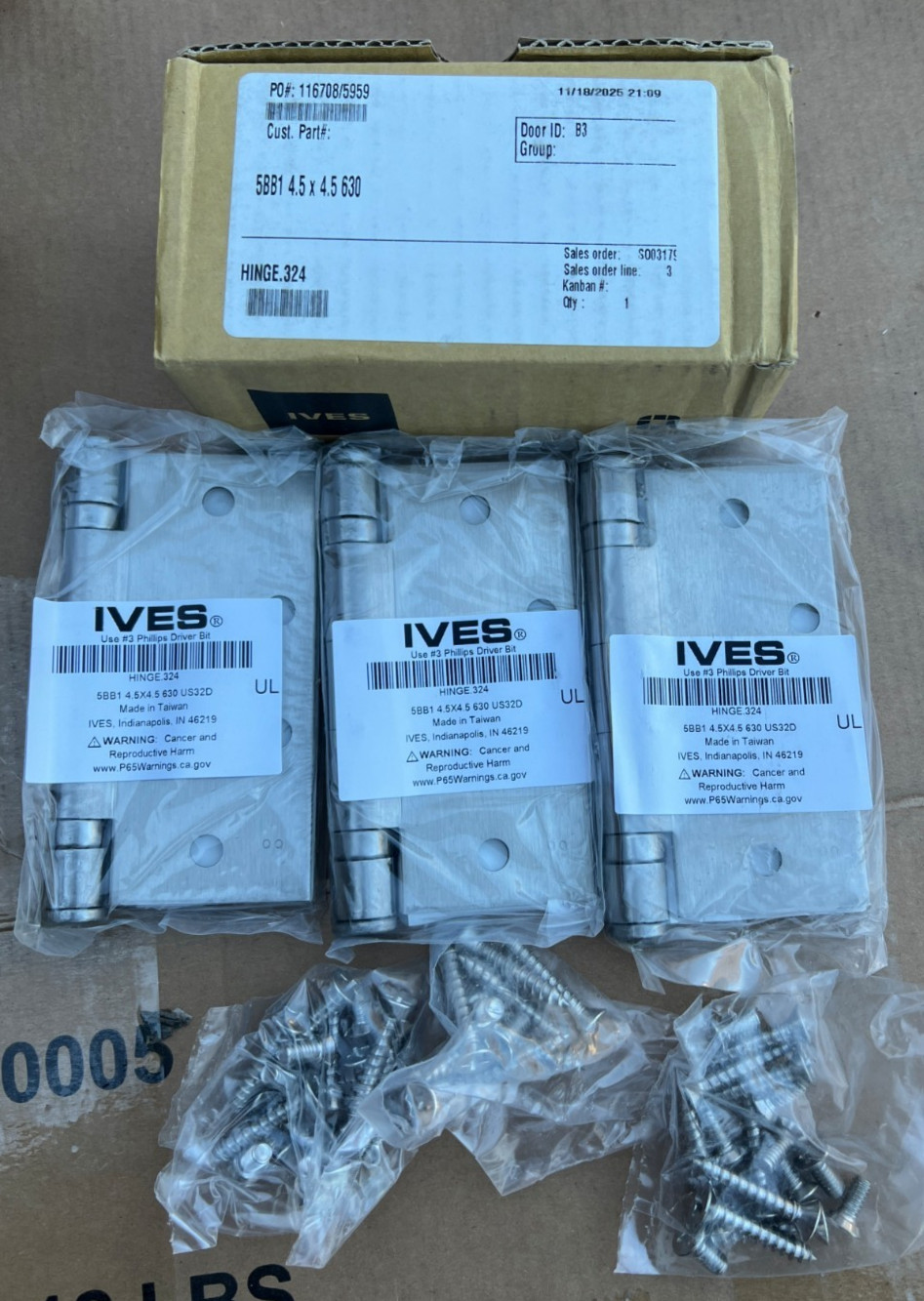 3 PACK Ives Hinge .324 5BB1 4.5" x 4.5" 630 WITH SCREWS HINGE 324 FAST FREE SHIP