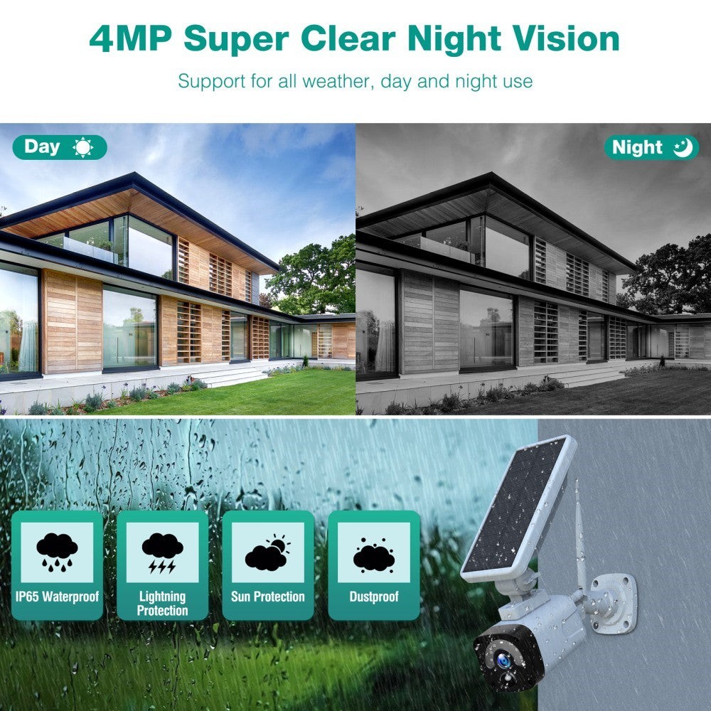 4MP Solar Battery Powered Wireless Security Camera System PIR Detect Protection